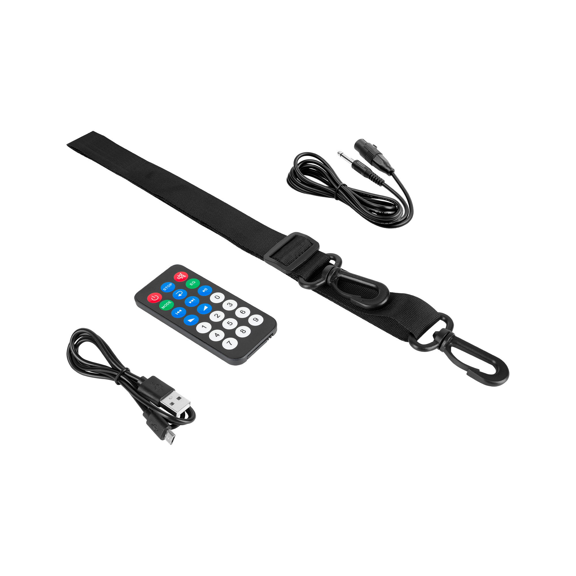 Czarny pasek do noszenia, mały pilot, kabel USB i kabel audio na czarnym tle.