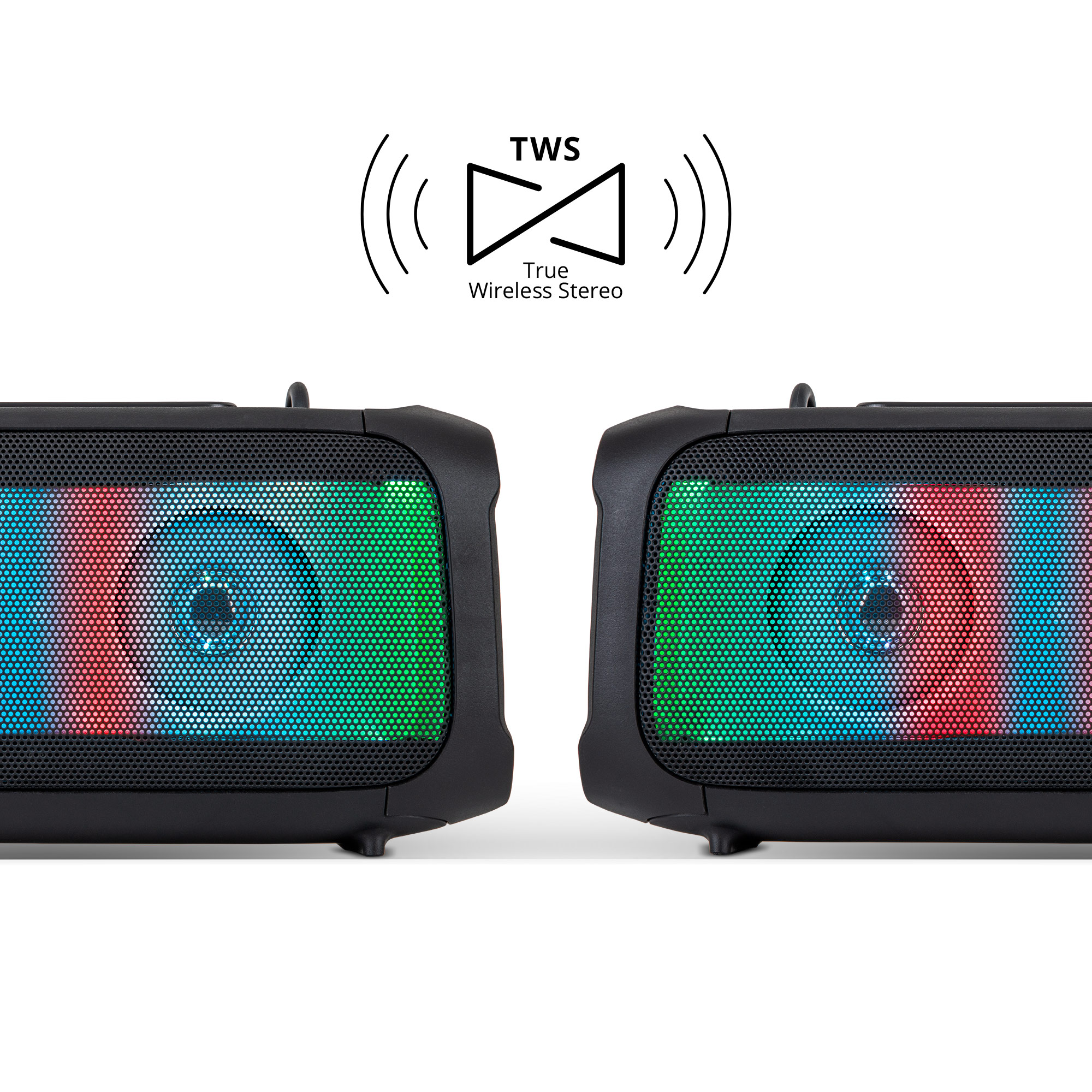 Dwa czarne przenośne głośniki z podświetleniem RGB i ikoną True Wireless Stereo powyżej na białym tle.