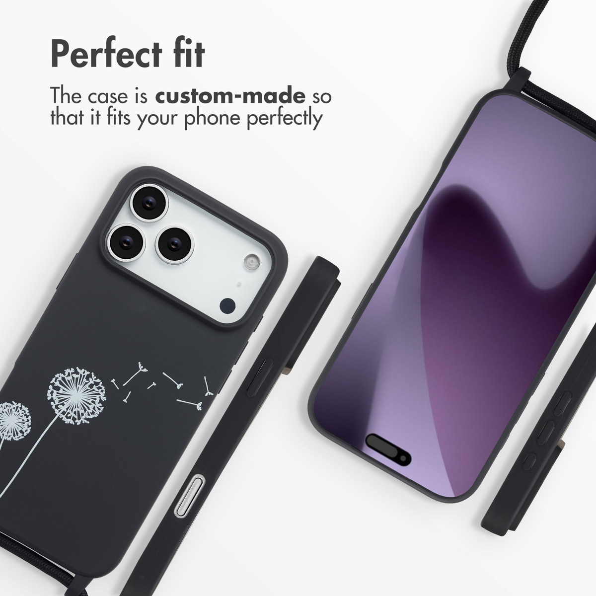Smartphone nero con cover a tema tarassaco e laccetto su sfondo bianco.