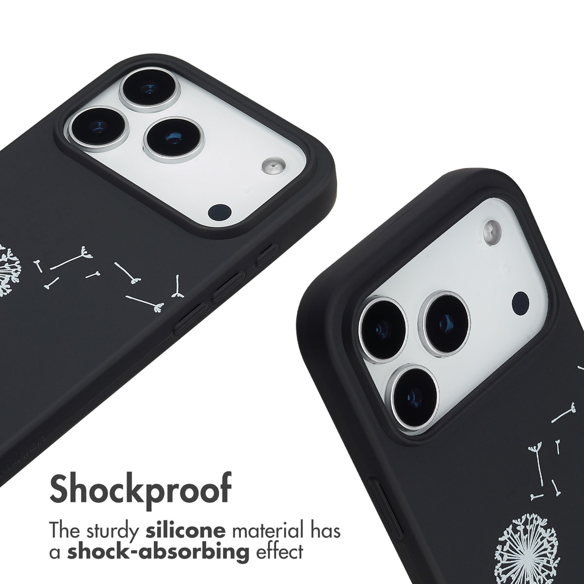 Due cover per telefono in silicone nero con design a tarassaco bianco e testo antiurto.