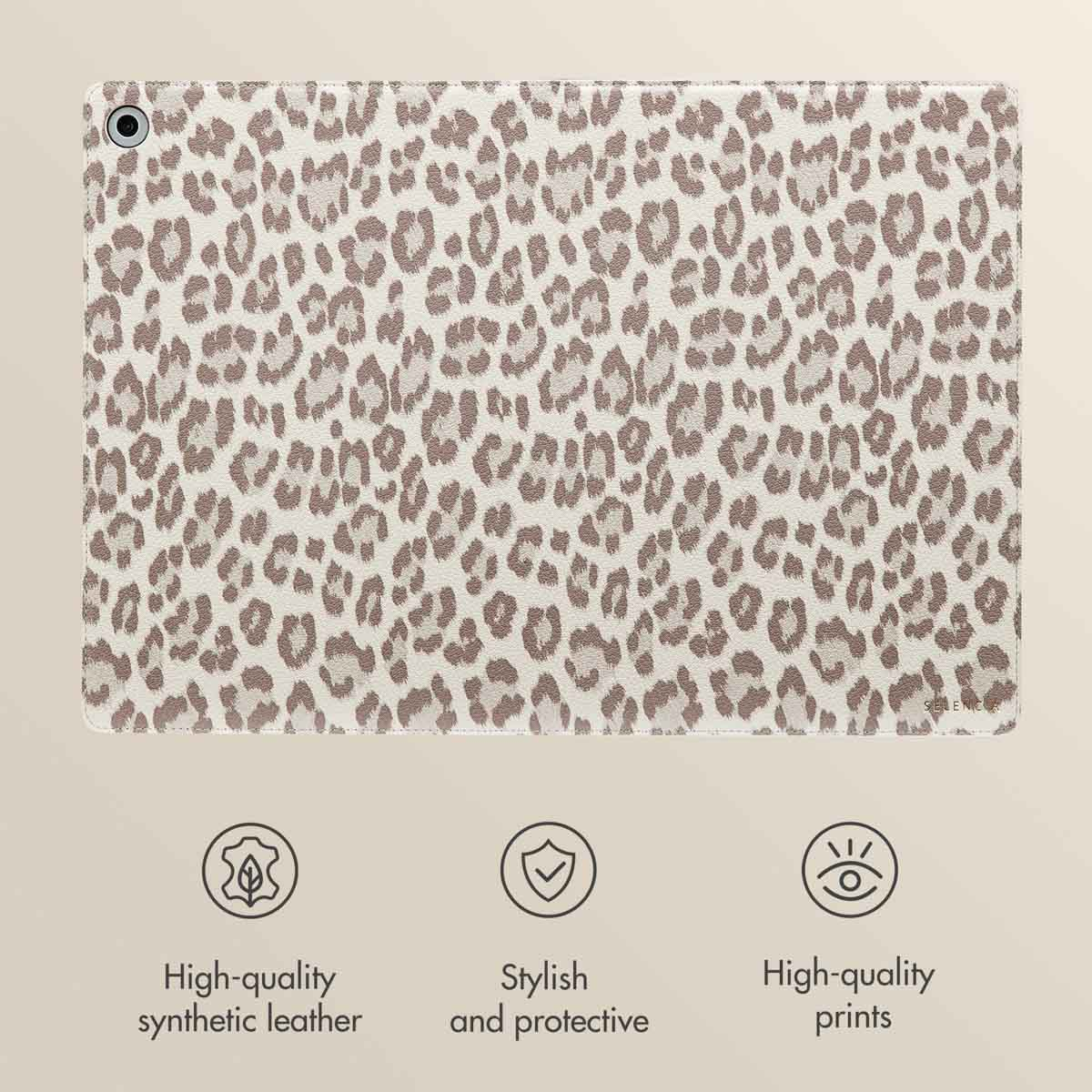 Tablet case with beige leopard print and three icons for quality, protection, and print.