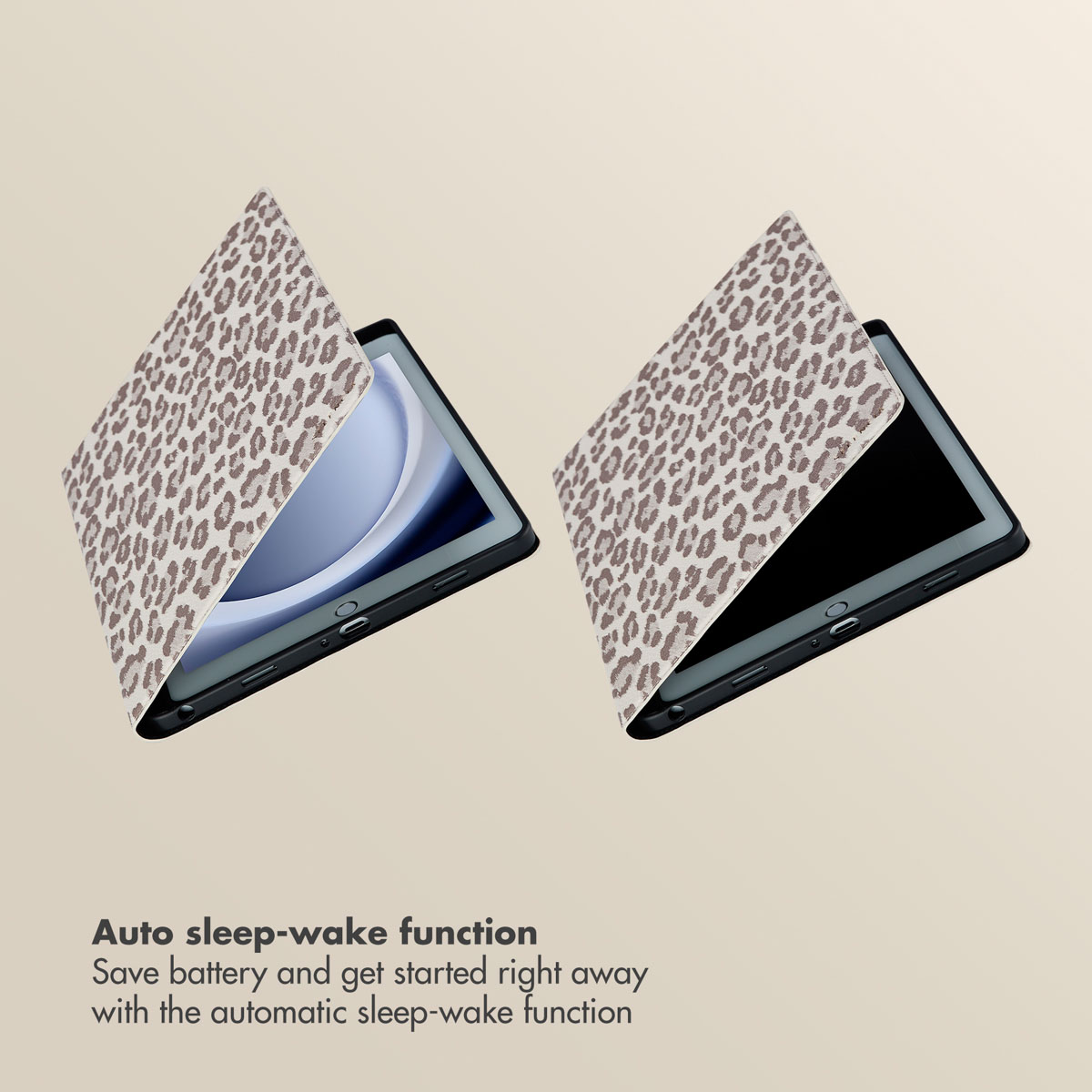 Two tablets with leopard print cases, one with a blue display and one turned off, against a light background.