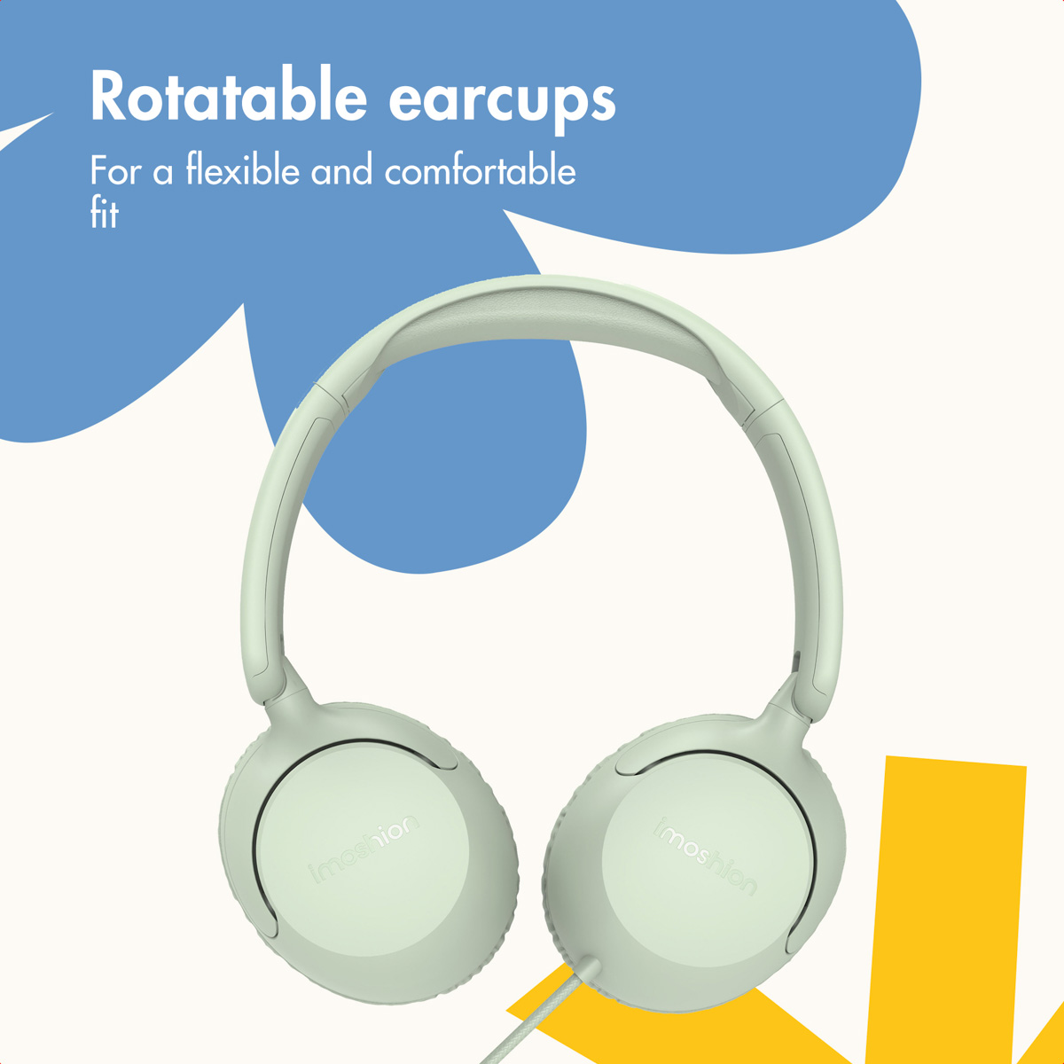 Auriculares verde claro sobre fondo blanco con formas azules y amarillas, con texto sobre copas giratorias.