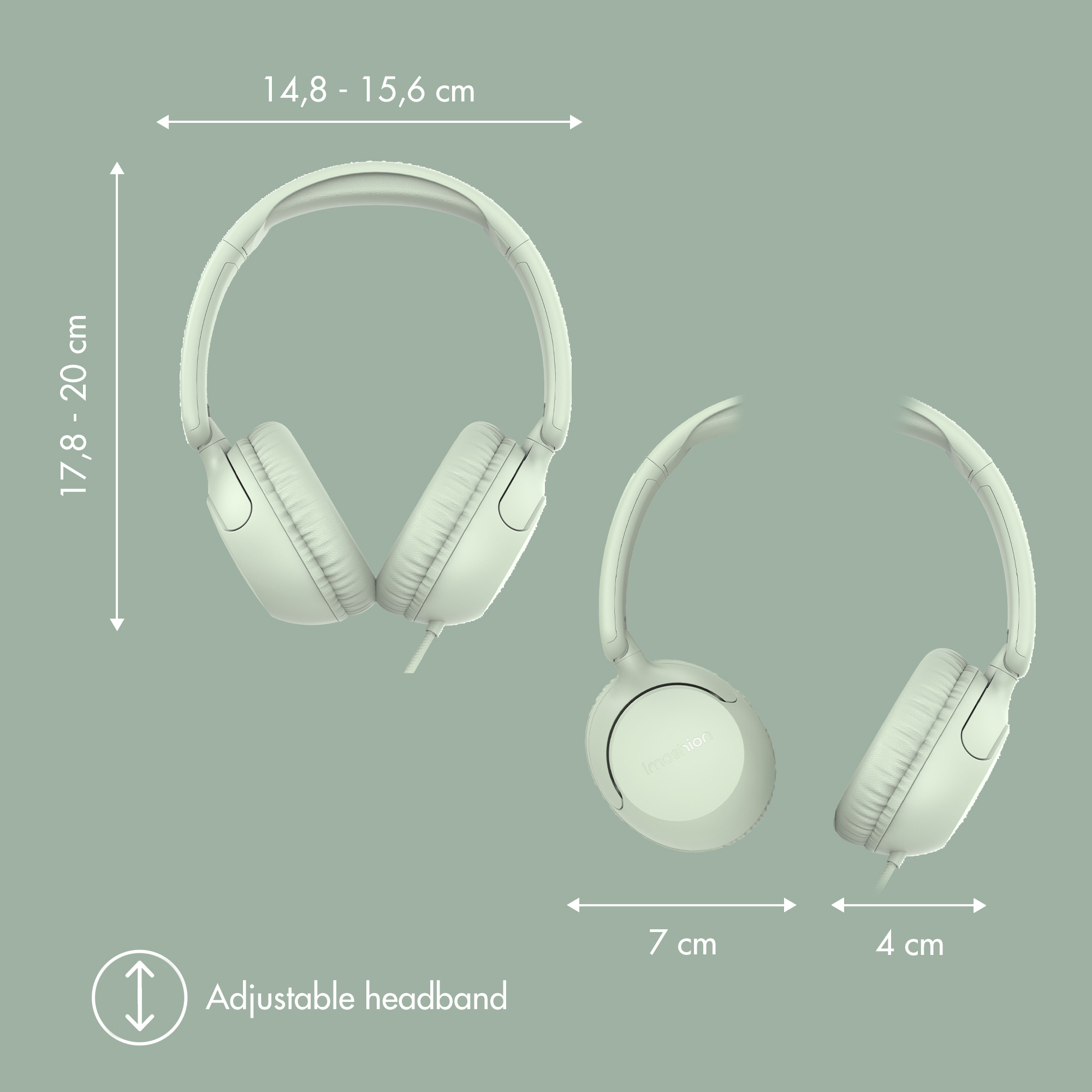 Auriculares verdes con dimensiones y diadema ajustable sobre fondo verde.