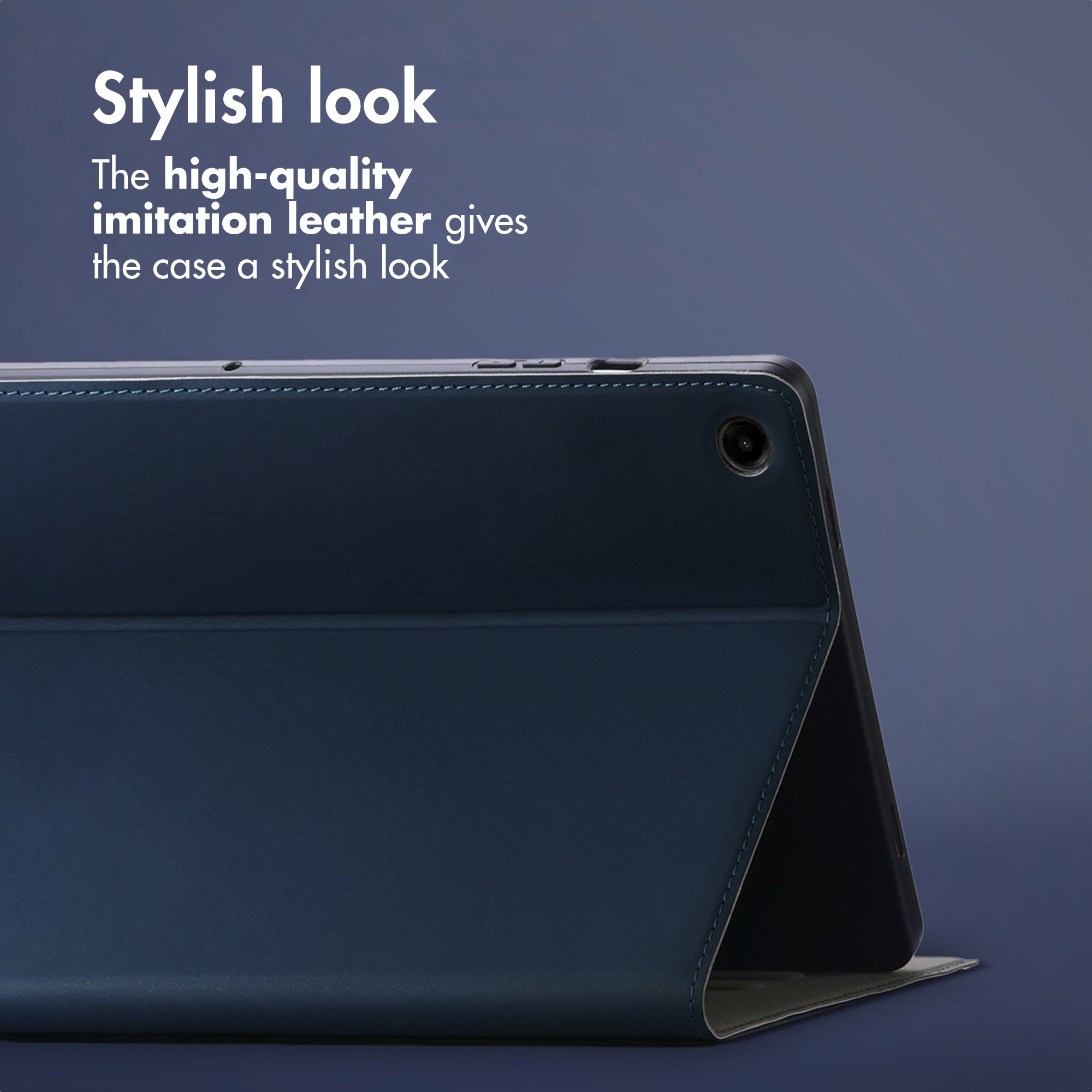 Blue faux leather tablet case propped up against a dark background.