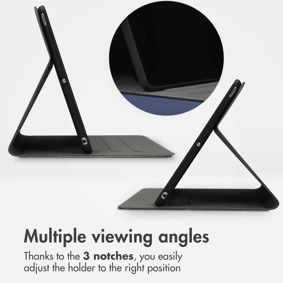 Tablet in una custodia protettiva grigia con più angoli di visualizzazione.
