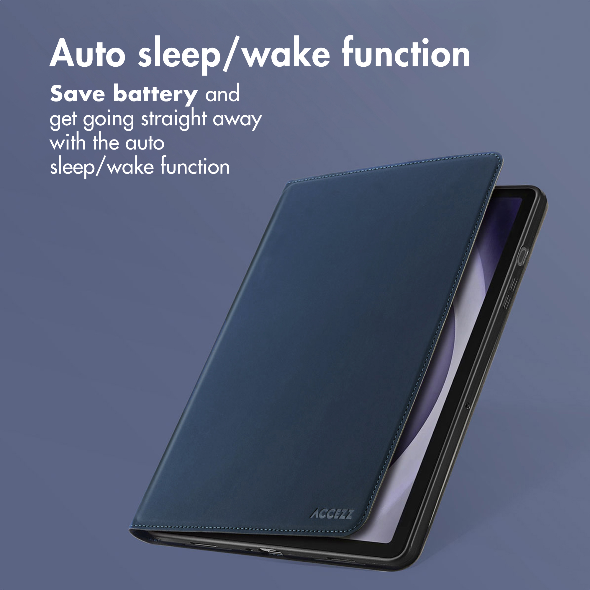 A dark blue tablet case with text promoting the auto sleep/wake function against a purple-gray background.