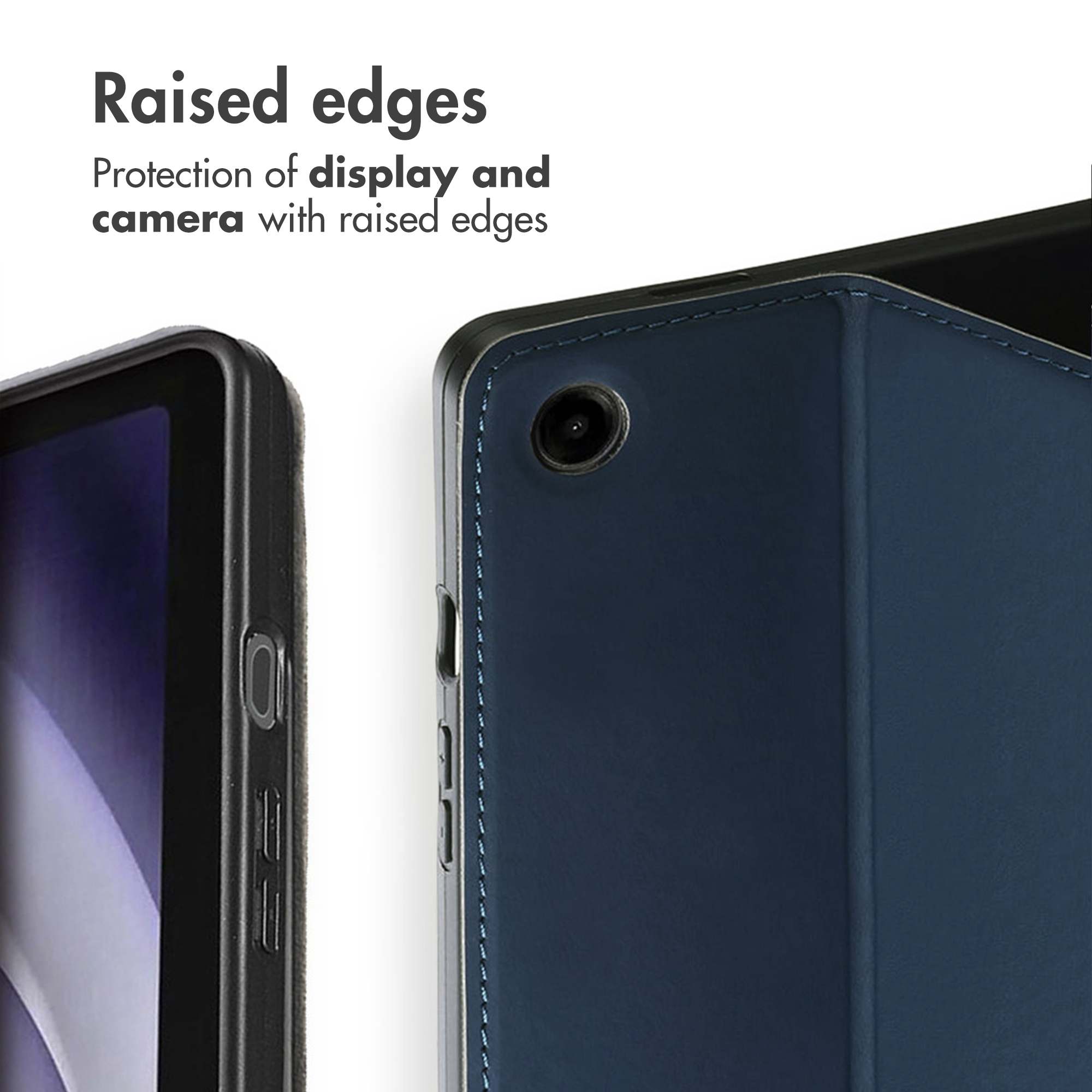 Blue tablet case with raised edges protecting the display and camera.