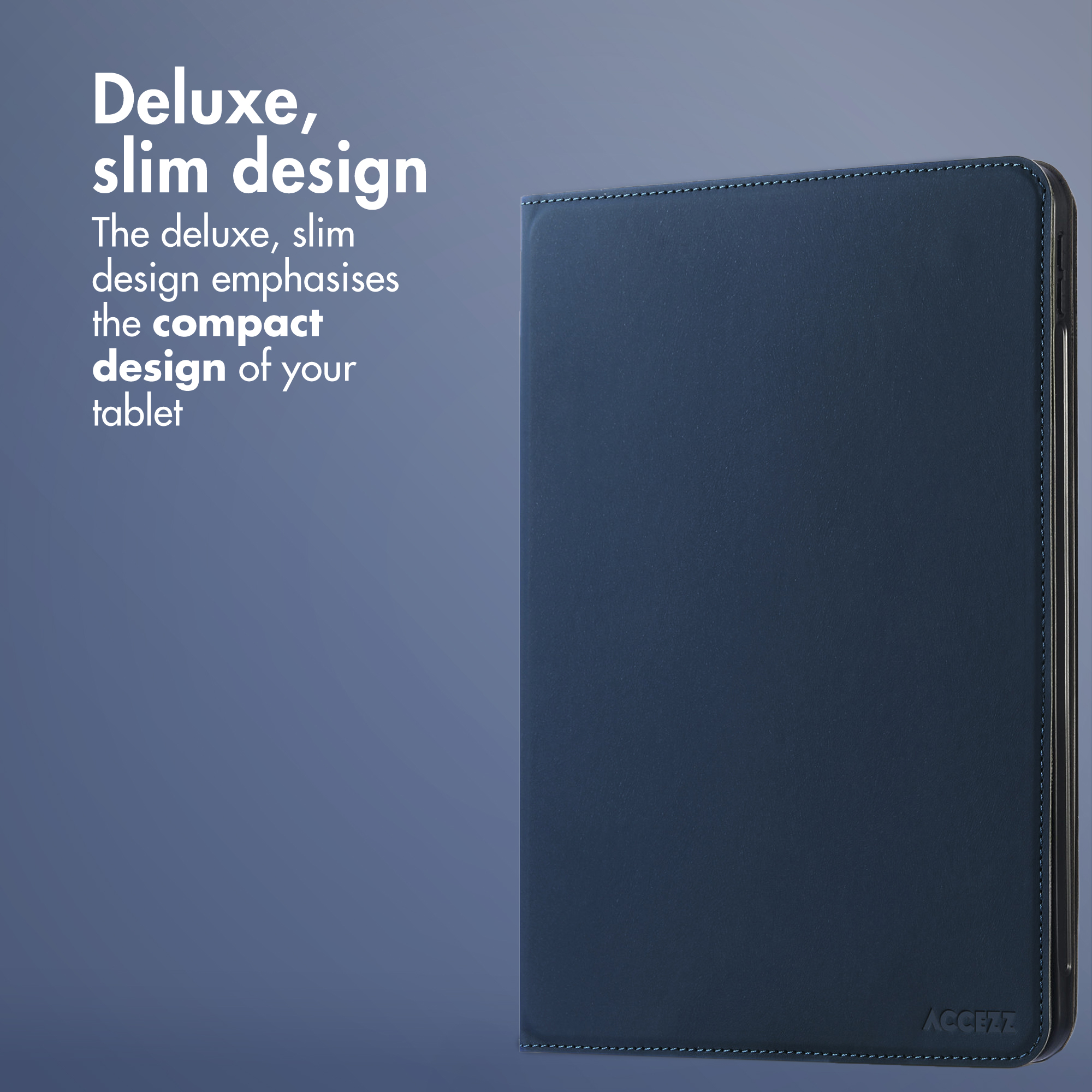 Custodia protettiva blu per tablet dal design sottile con testo promozionale su sfondo grigio.