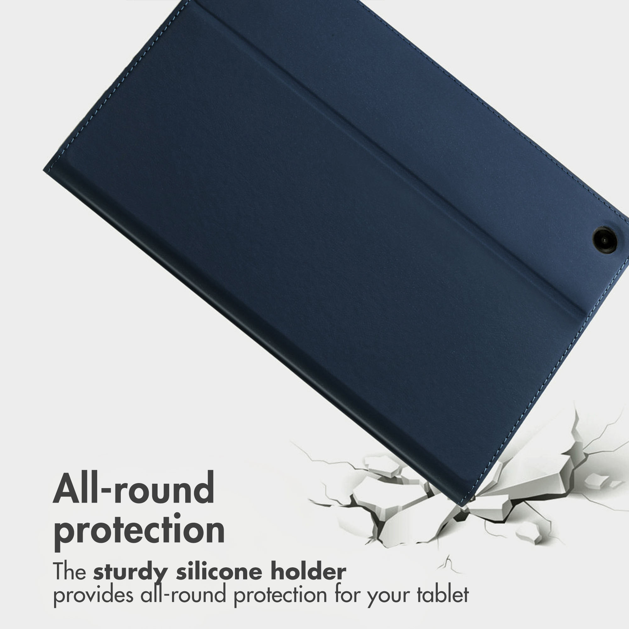 Blue tablet case over cracked white floor, text promotes all-round protection.