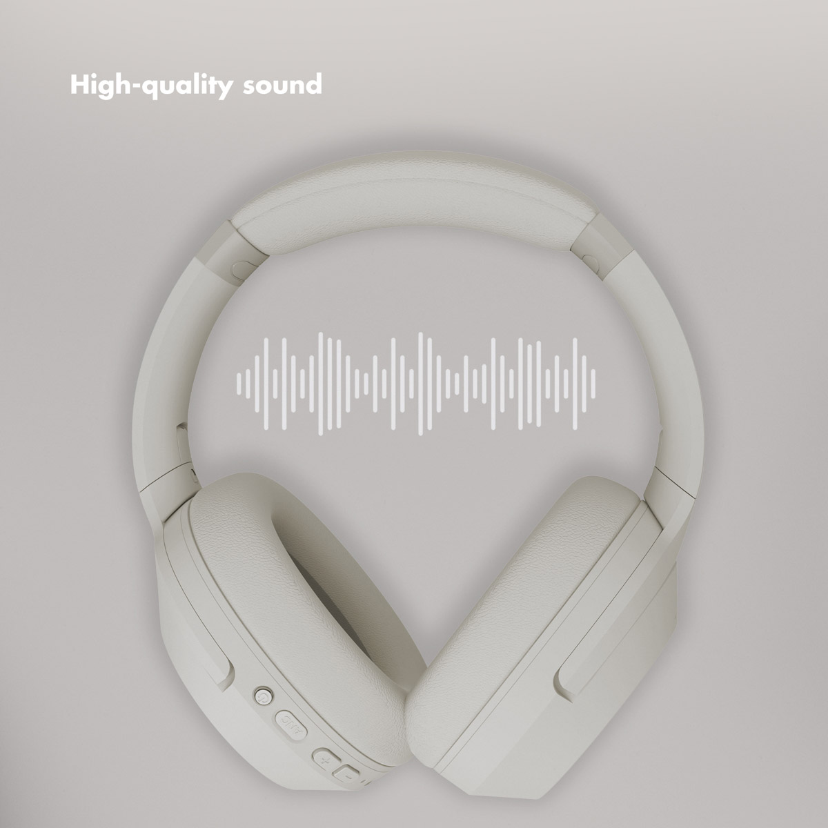 Beżowe słuchawki nauszne na jasnoszarym tle z grafiką fali dźwiękowej i napisem High-quality sound.