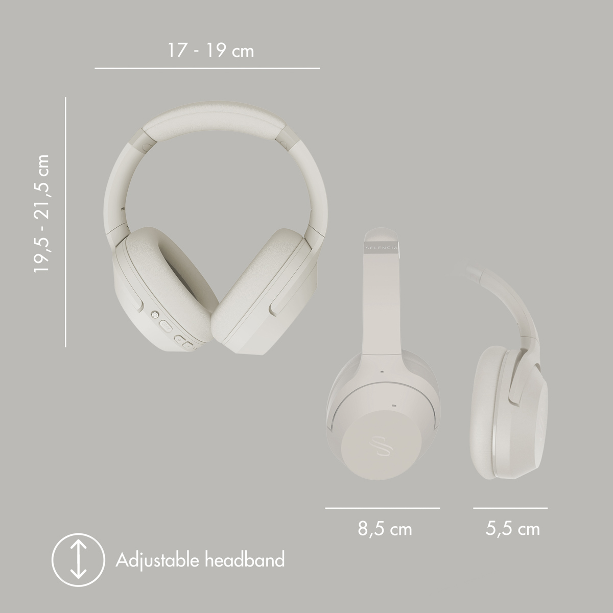 Beżowe słuchawki w trzech widokach z wymiarami i napisem 'Adjustable headband' na szarym tle.