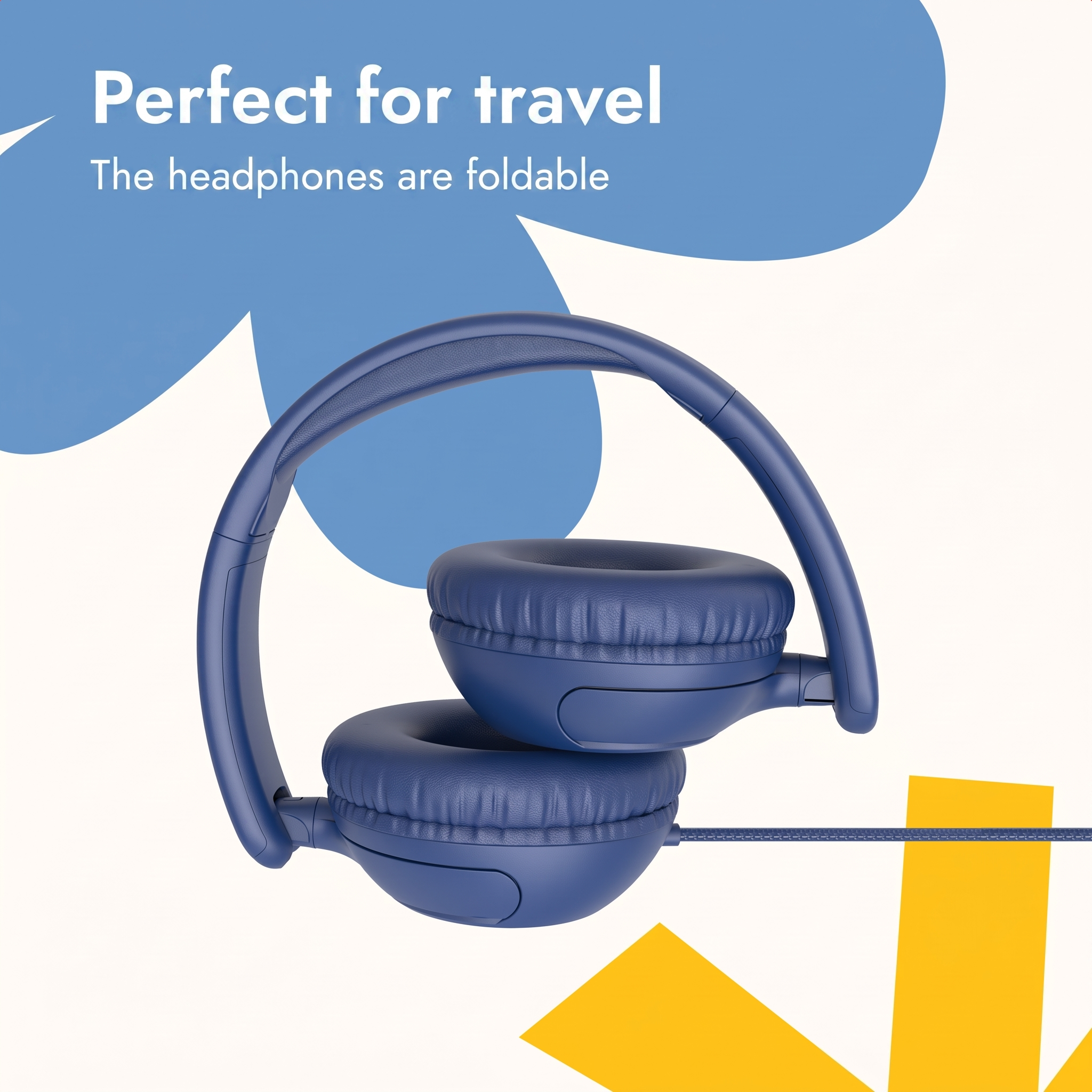Auriculares azules plegables sobre un fondo blanco, azul y amarillo con texto.