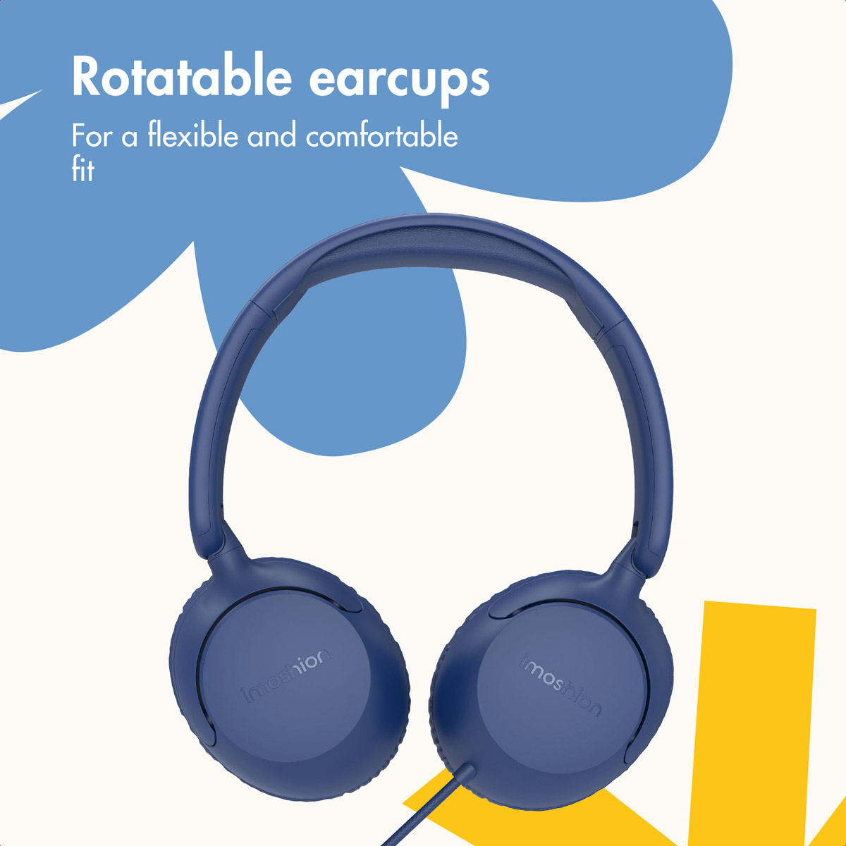 Auriculares azules con copas giratorias sobre fondo claro con formas azules y amarillas y texto.