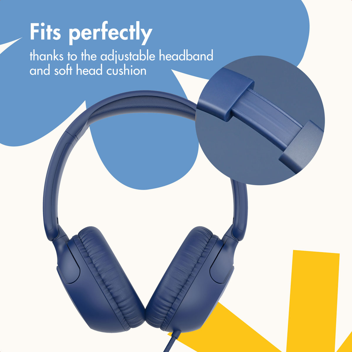 Auriculares azules con diadema ajustable y almohadillas suaves, con detalle.