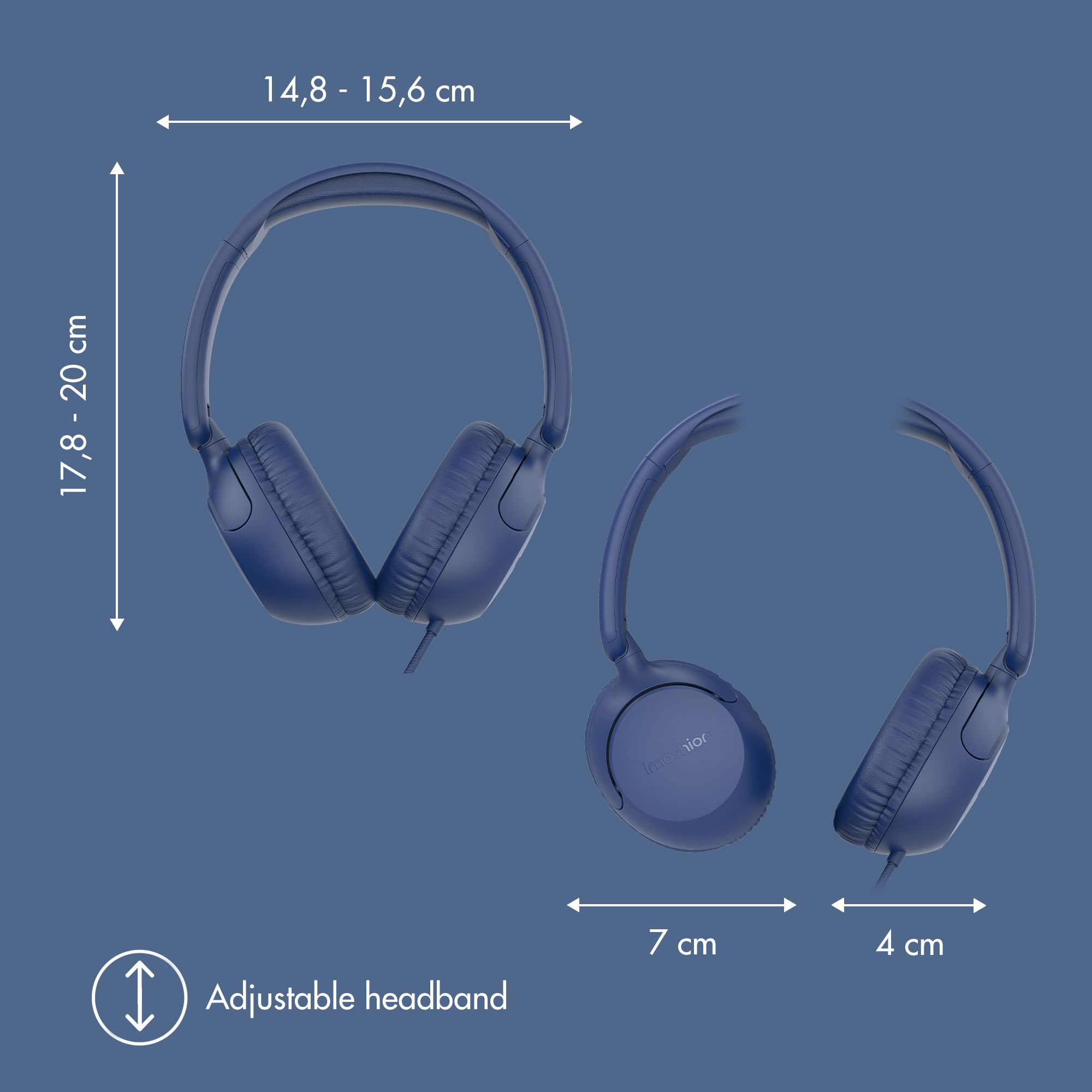 Auriculares azules con medidas y el texto "Adjustable headband" sobre un fondo azul.
