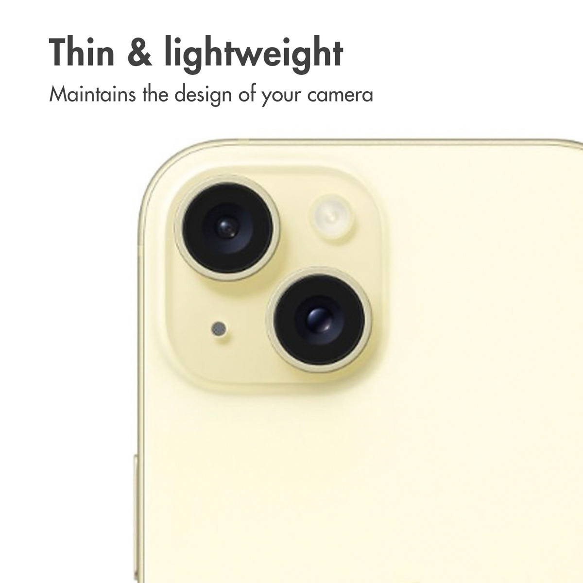 Dun en licht smartphone met een dubbele cameralens op de gele achterkant.