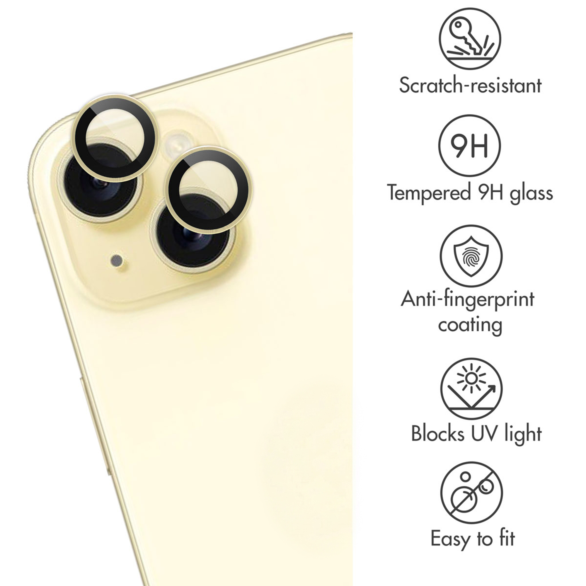 Gele smartphone met cirkelvormige beschermringen op de camera's en functie-iconen.