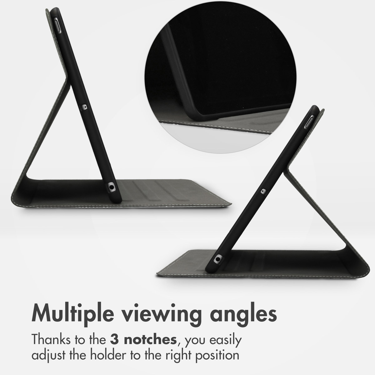 Una custodia nera per tablet da due angolazioni, con cerchio ravvicinato della vestibilità.