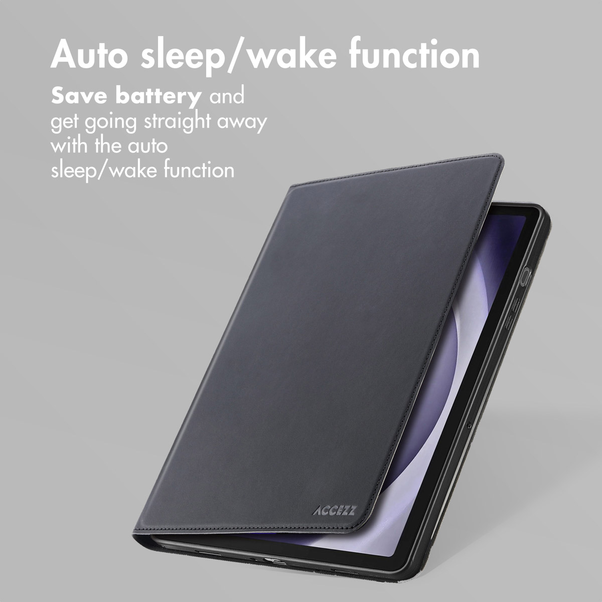 A grey tablet with a black case and text promoting the auto sleep/wake function.