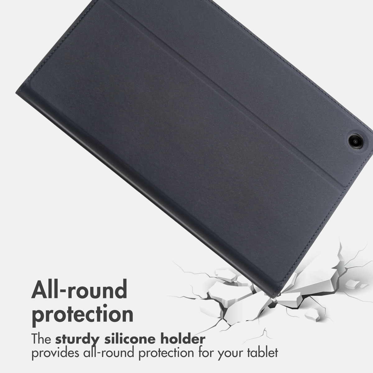 A dark tablet case above cracked ground with text reading All-round protection.