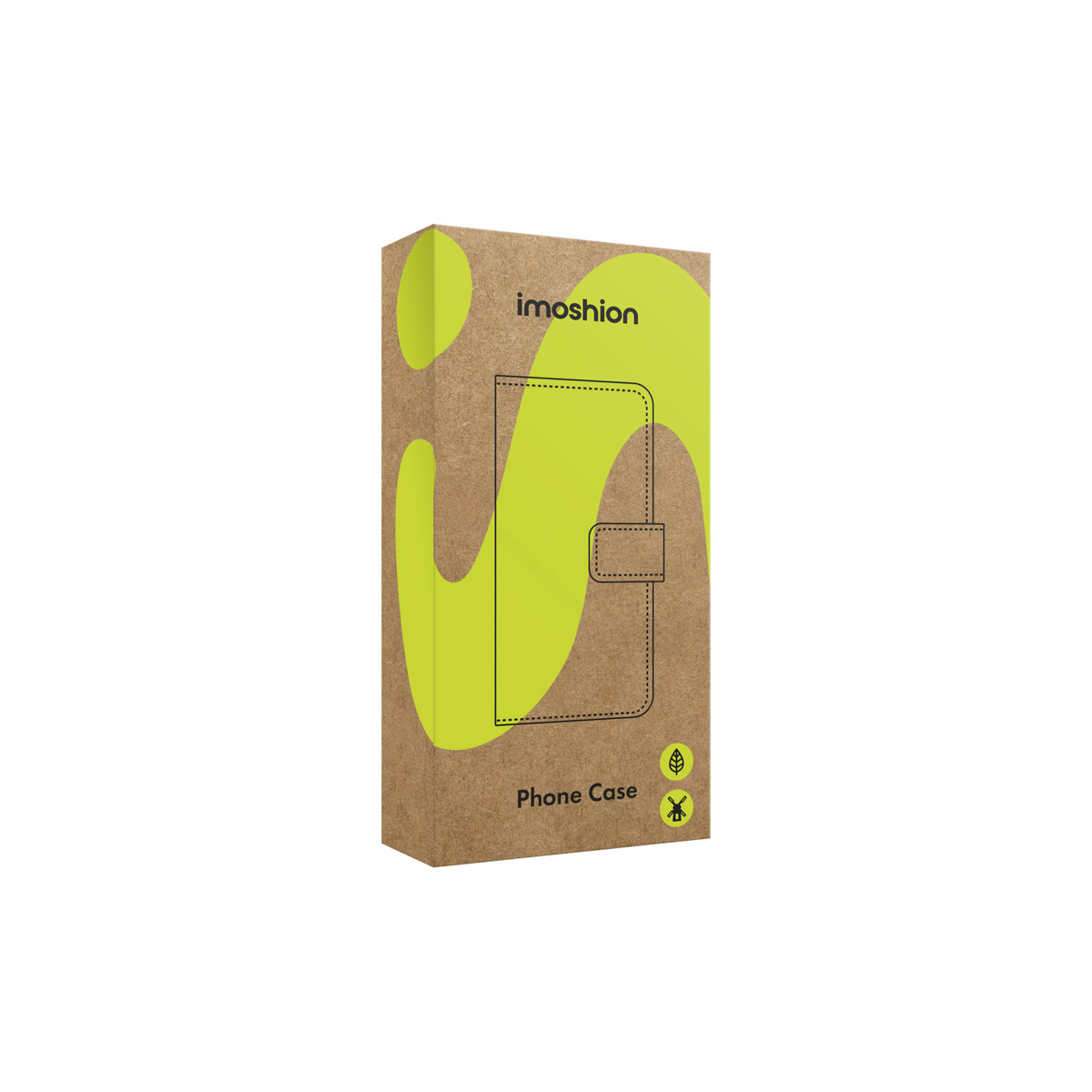 Emballage en carton marron pour étui de téléphone avec un design vert et le texte imoshion Phone Case.