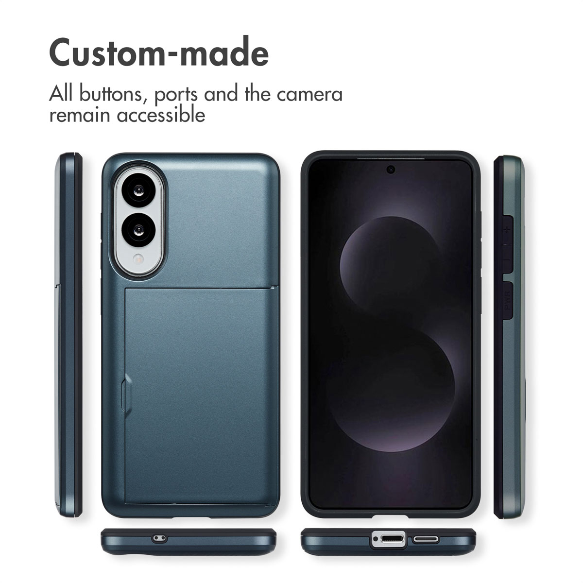 Varias vistas de una funda de smartphone azul oscuro con tarjetero y puertos accesibles.
