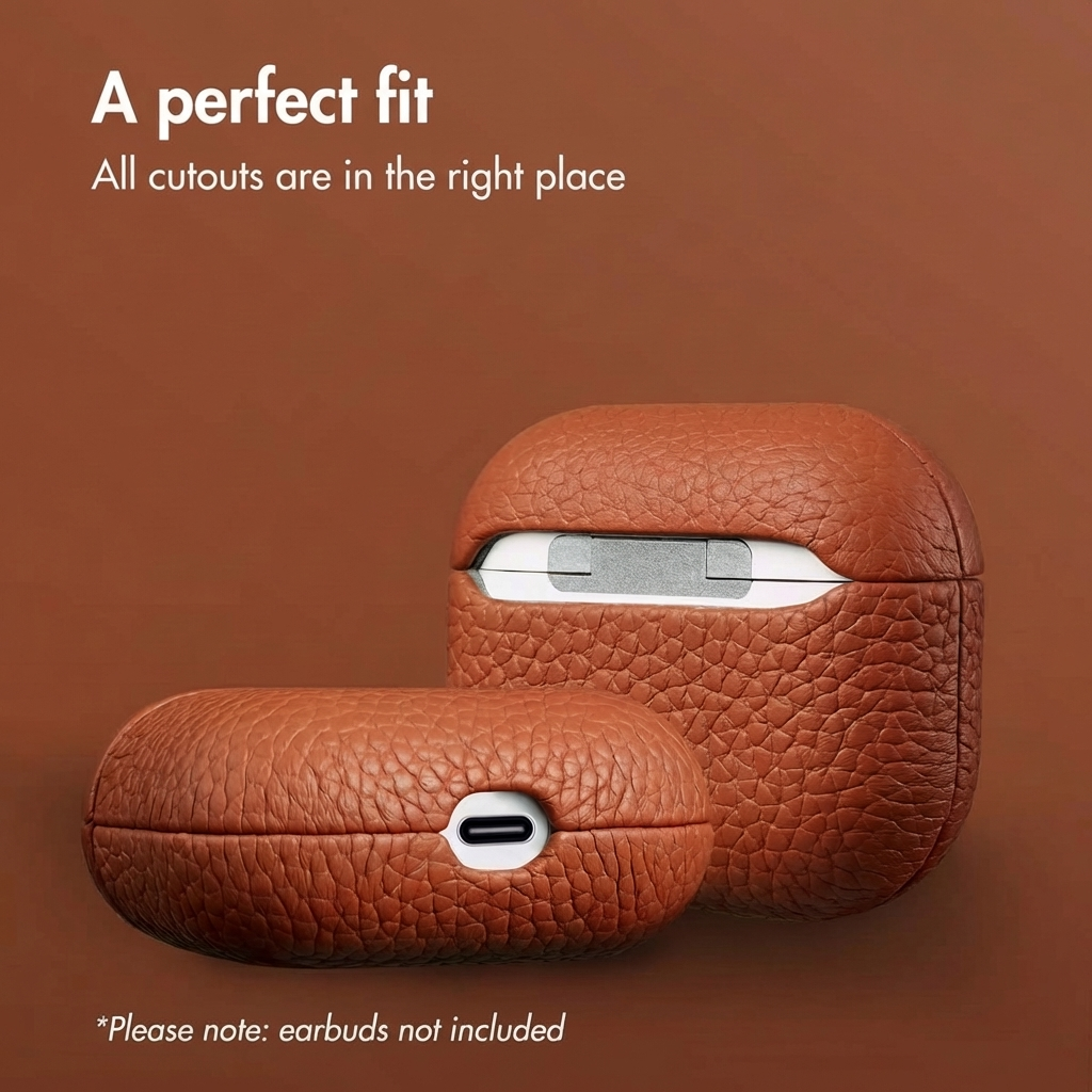 Fundas de cuero marrón para AirPods sobre fondo marrón, mostrando puerto de carga y bisagra.
