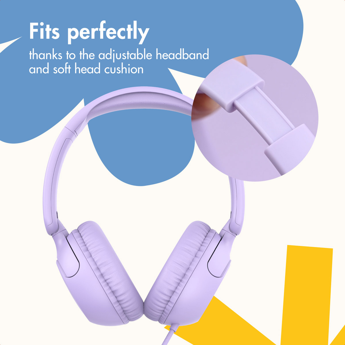 Auriculares morados con diadema ajustable y cojín suave.