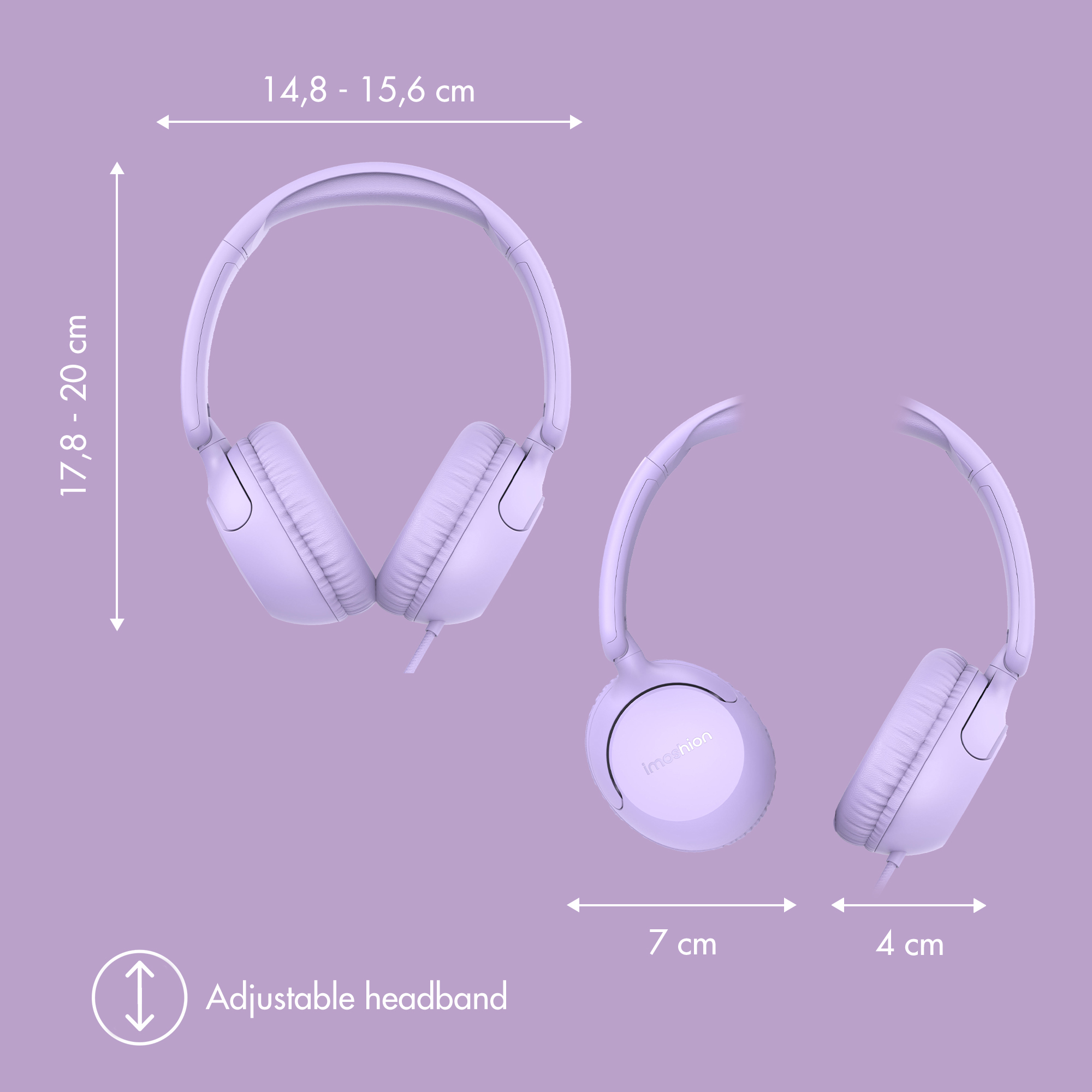 Auriculares púrpuras con diadema ajustable y dimensiones en cm sobre fondo púrpura.