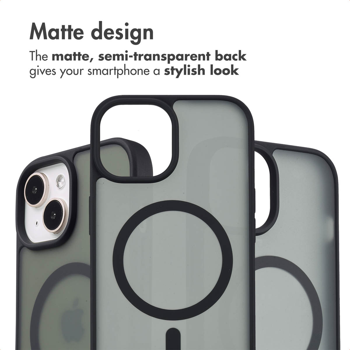 Drie matte, semi-transparante zwarte smartphonehoesjes met MagSafe-ring en camera-uitsparing.