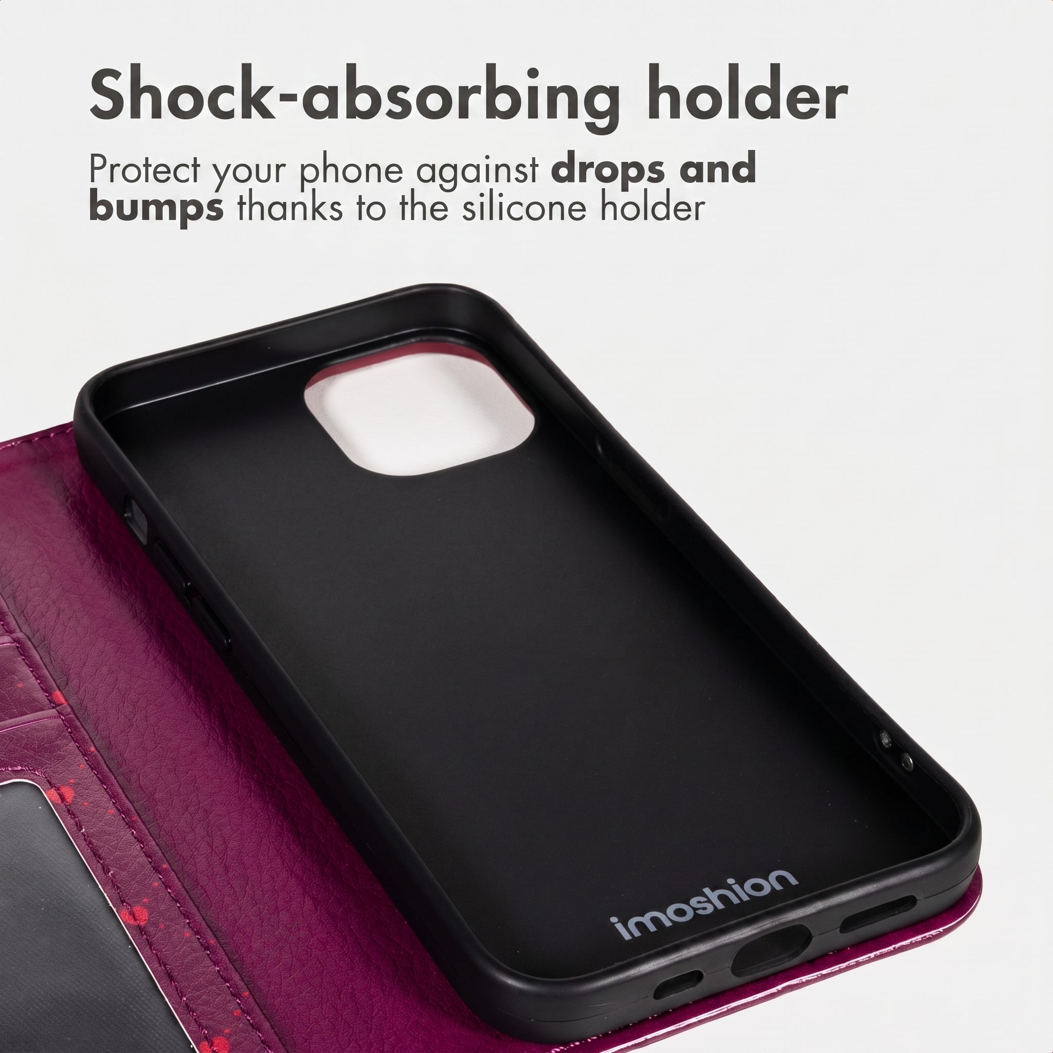Paarse telefoonhoes met schokabsorberende siliconen houder en tekst.