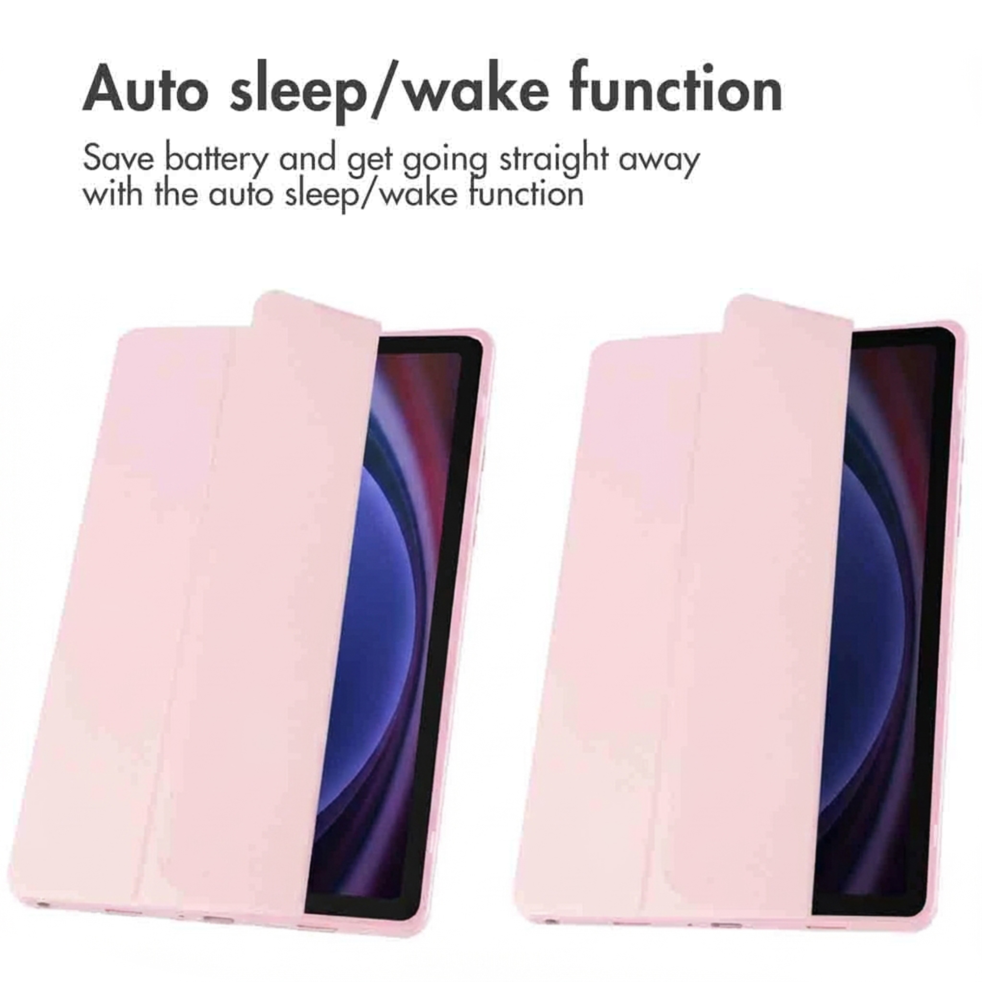 Twee roze tablethoezen tonen de automatische slaap- en waakfunctie met openende covers.