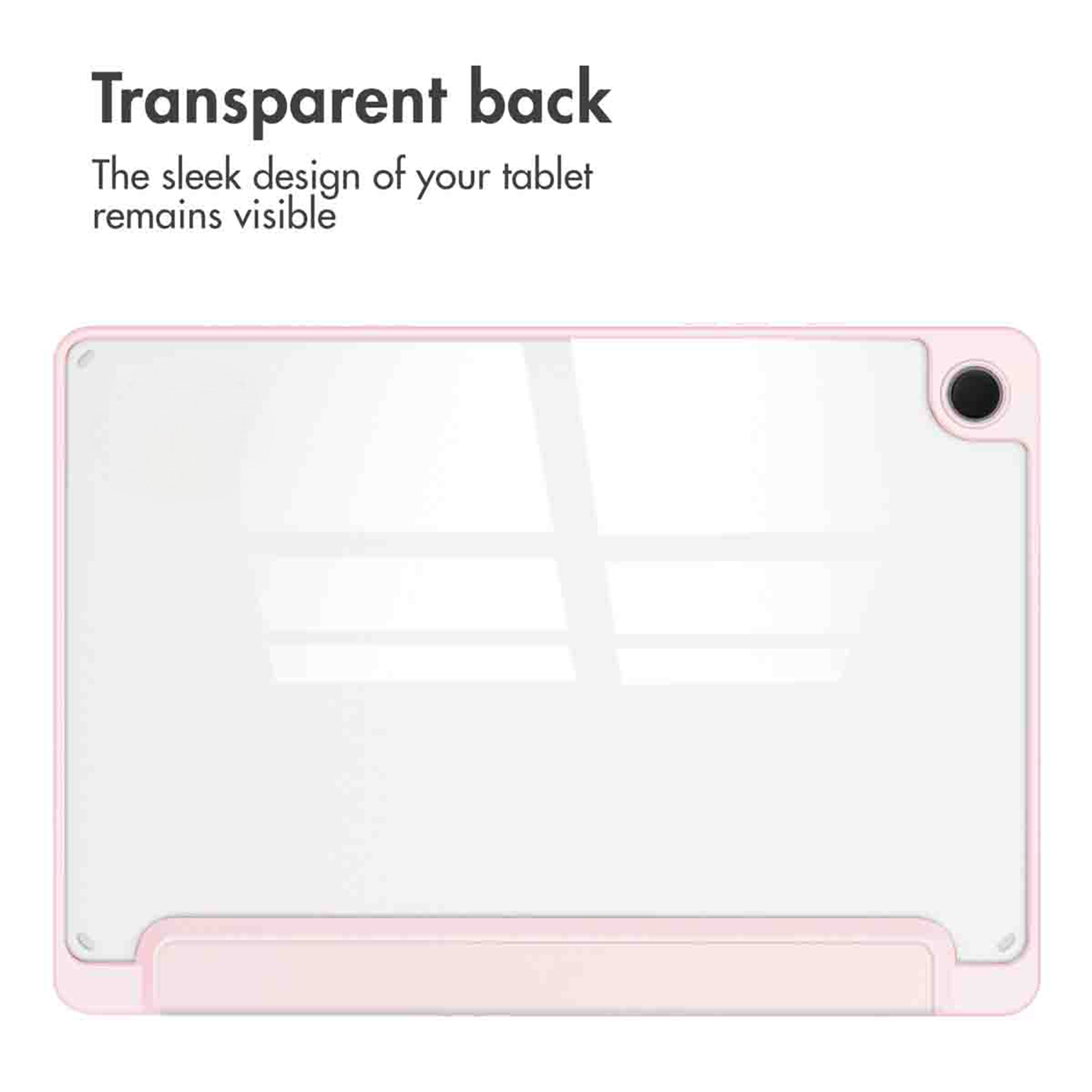 Roze tabletcover met een transparante achterkant.