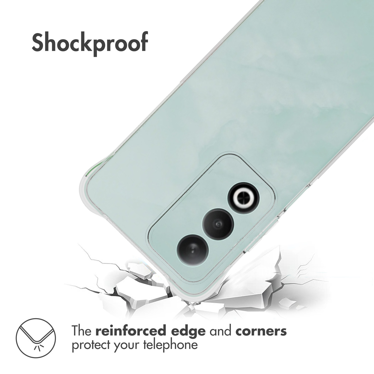 Un smartphone verde claro con tres cámaras sobre una superficie blanca agrietada y el texto 'Shockproof'.