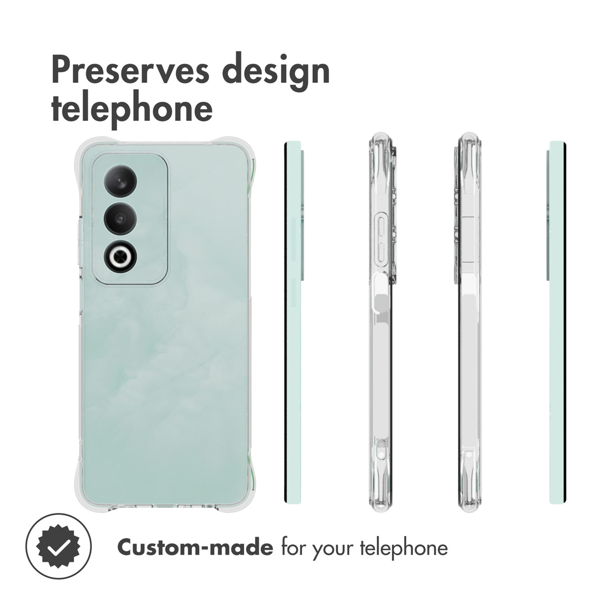Funda protectora transparente para un smartphone con tres cámaras, mostrada desde varios lados.