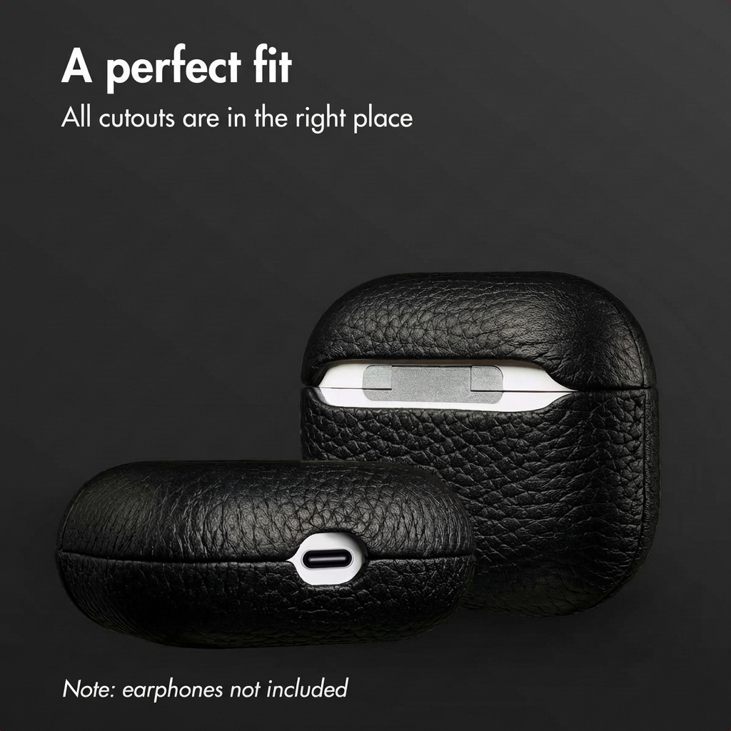Funda de cuero negro para AirPods con recortes precisos sobre un fondo oscuro.