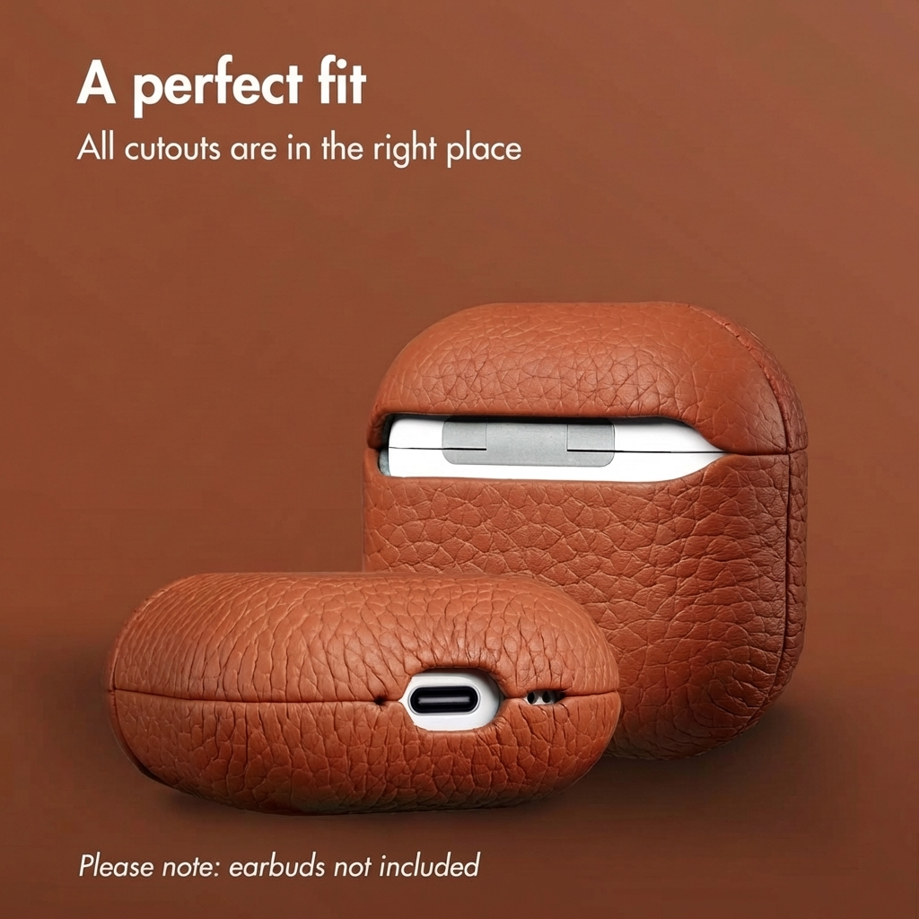 Fundas de cuero marrón para estuches de auriculares blancos sobre fondo marrón.