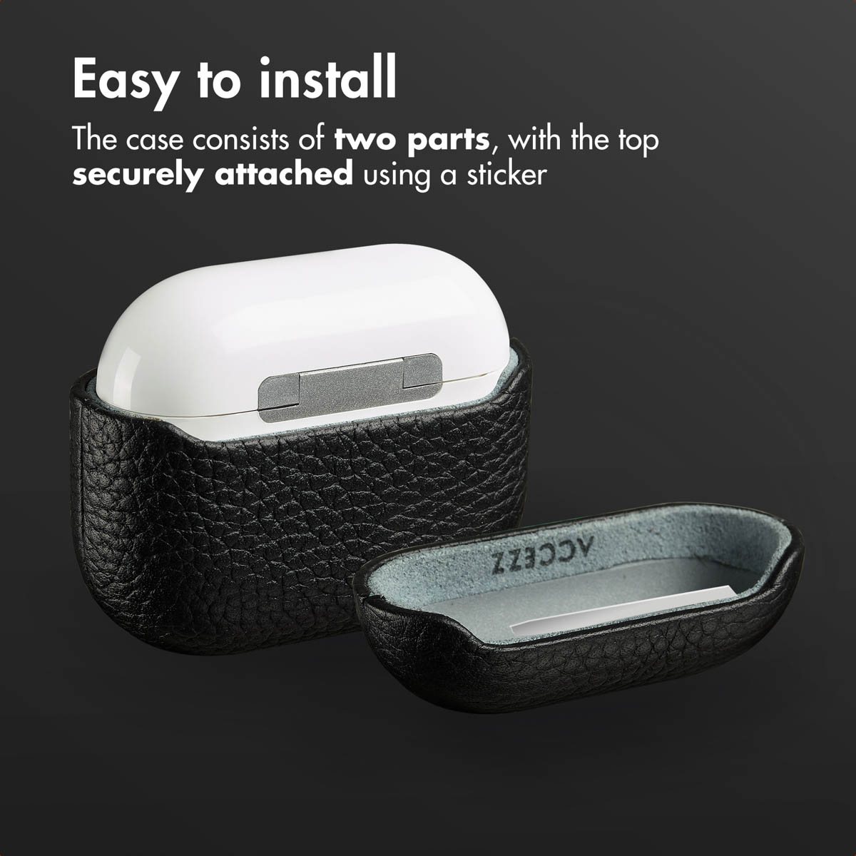 Una funda de piel negra para AirPods consta de dos partes, con texto arriba.