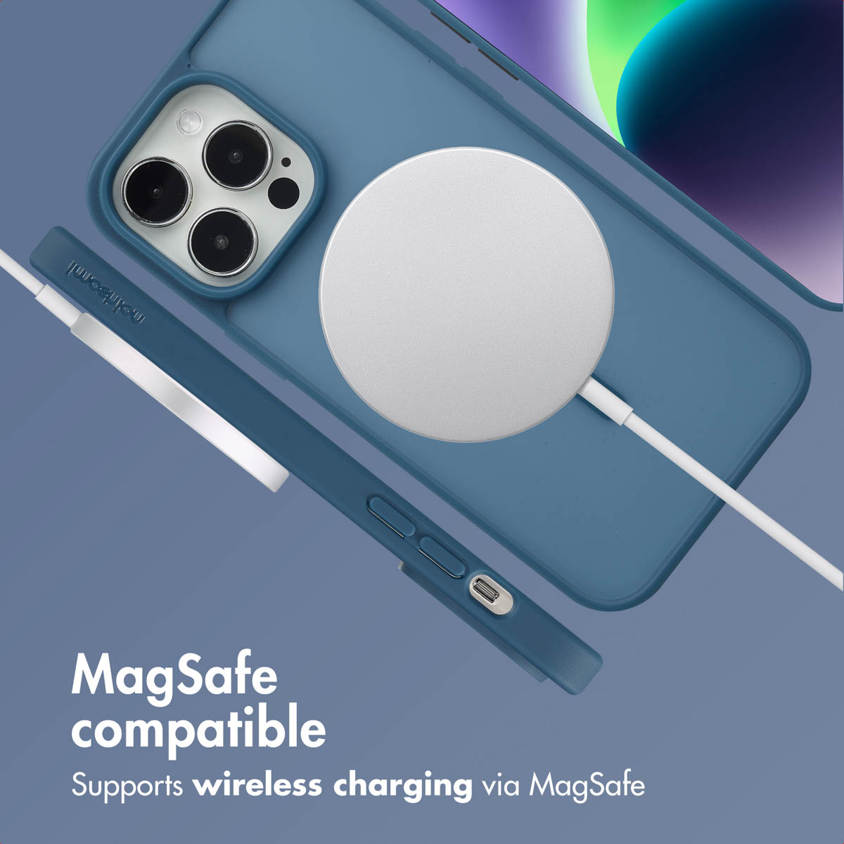Ein blaues Smartphone-Case mit MagSafe-Ladegerät und Text für MagSafe-Kompatibilität.