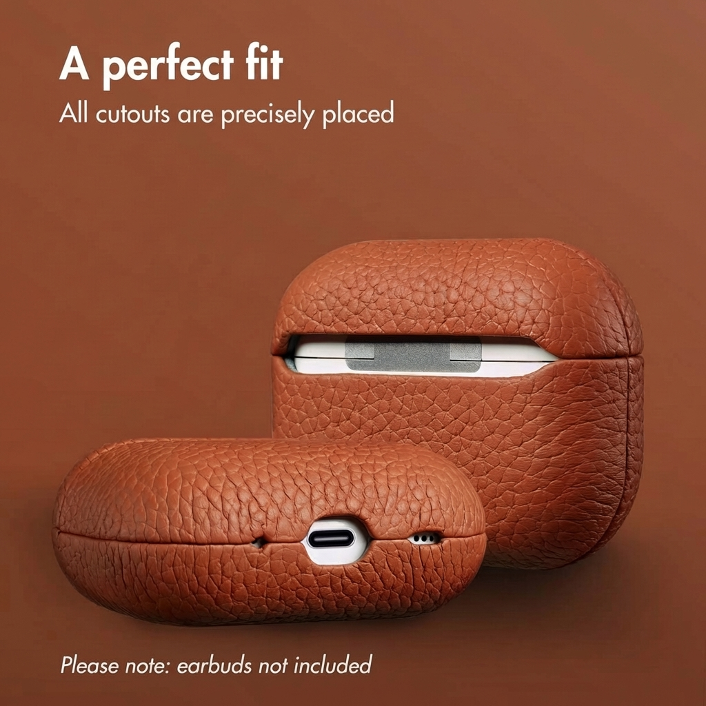 Dos estuches de cuero marrón para AirPods sobre un fondo marrón con texto.