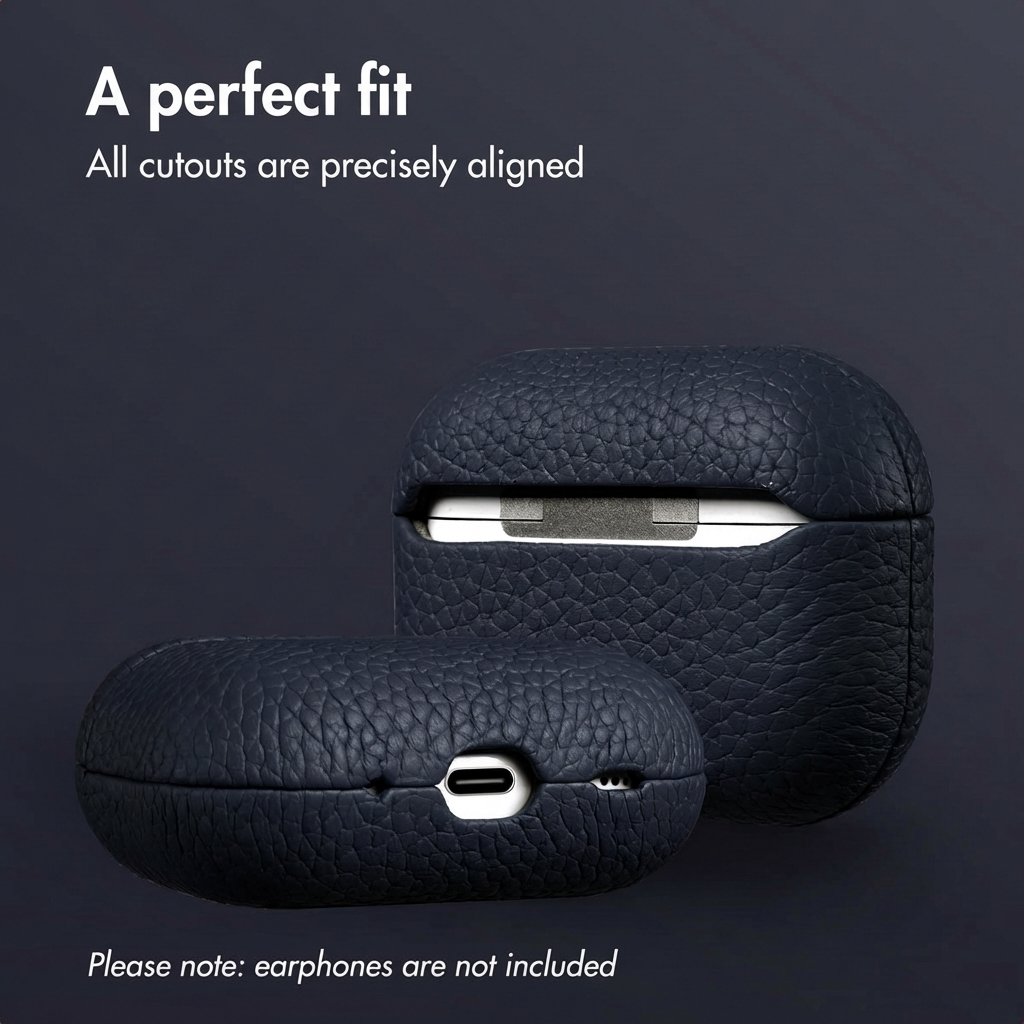 Funda de cuero azul oscuro para AirPods con recortes precisos sobre fondo oscuro.