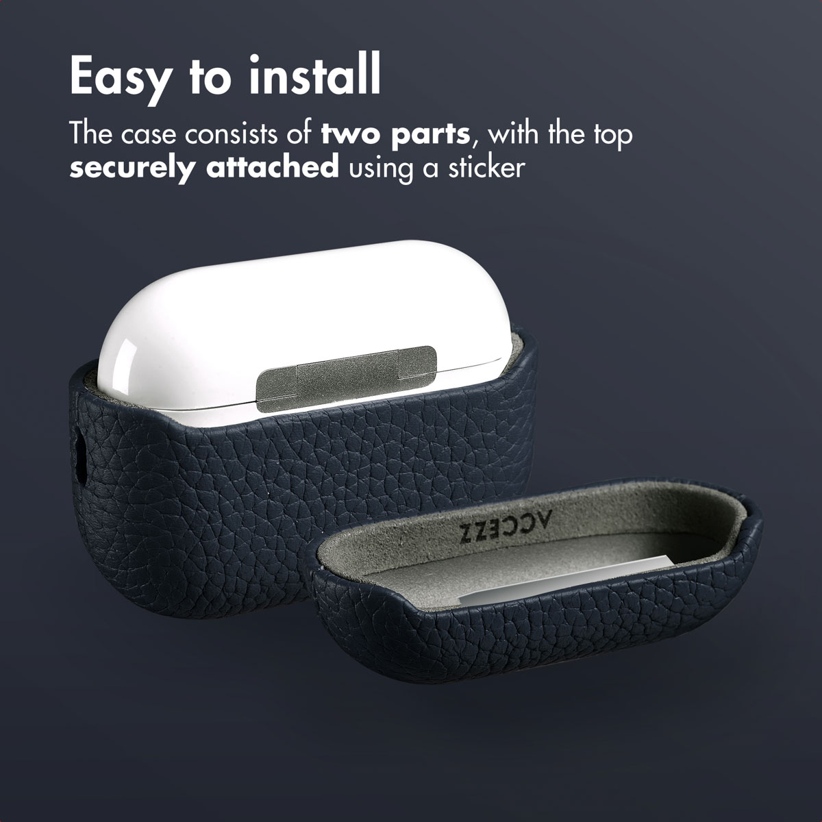 Estuche de cuero azul oscuro de dos piezas para auriculares inalámbricos, con las partes separadas.