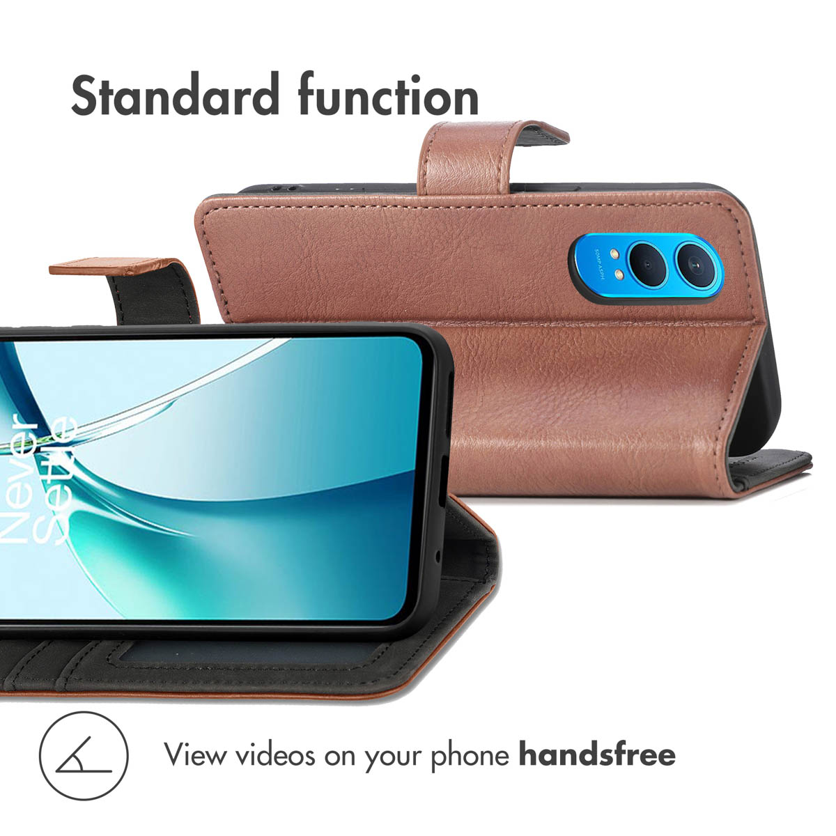 Una funda de cuero marrón para smartphone muestra la cámara trasera y la pantalla en modo soporte.