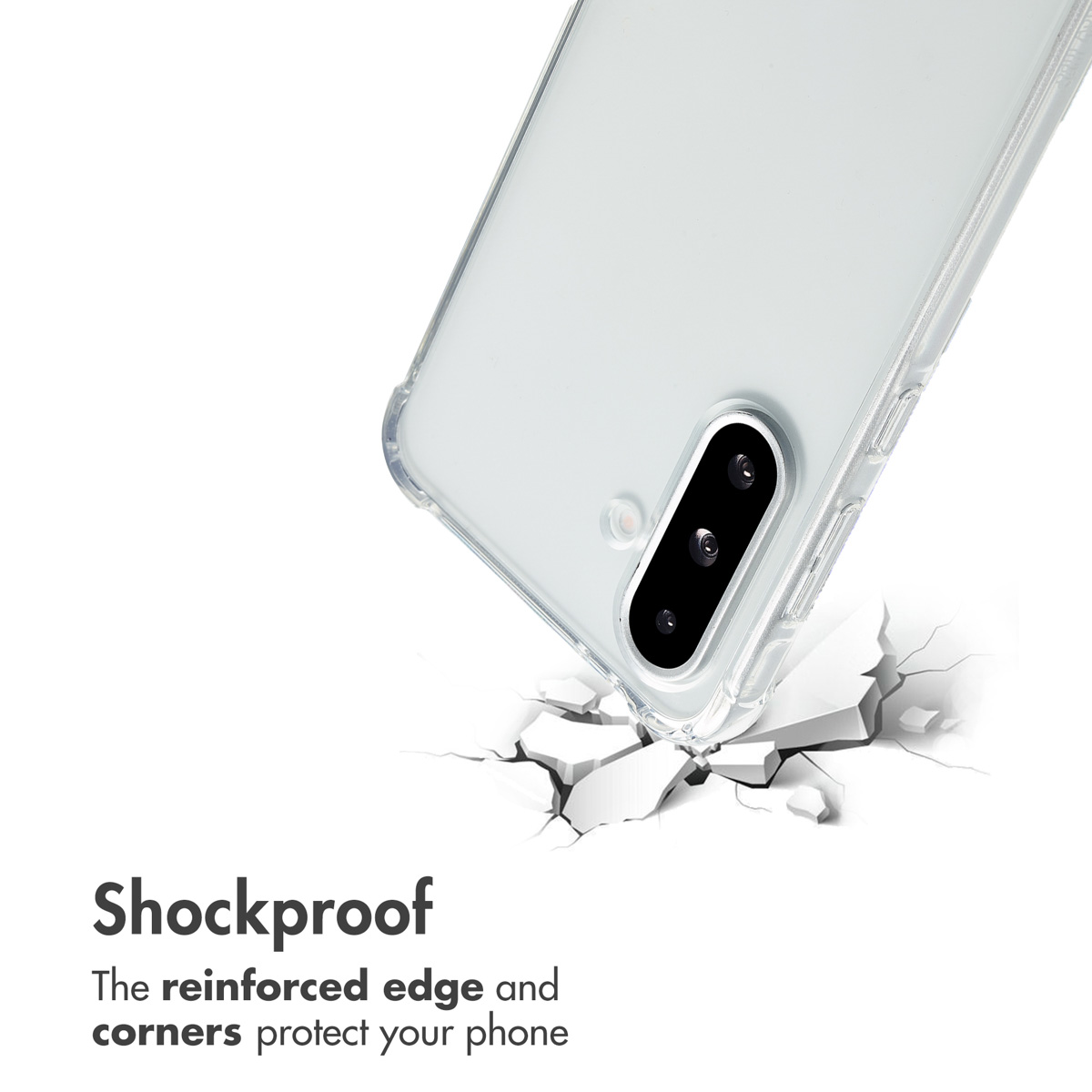 Funda de teléfono a prueba de golpes con esquinas reforzadas sobre un fondo blanco con suelo agrietado.