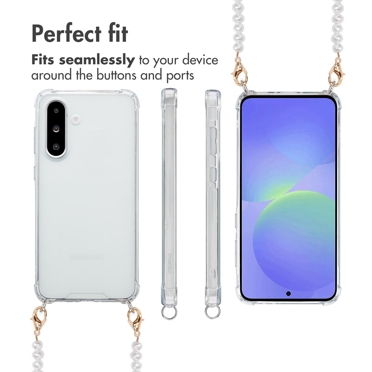 Funda transparente para teléfono con correa de perlas y texto 'Perfect fit'.