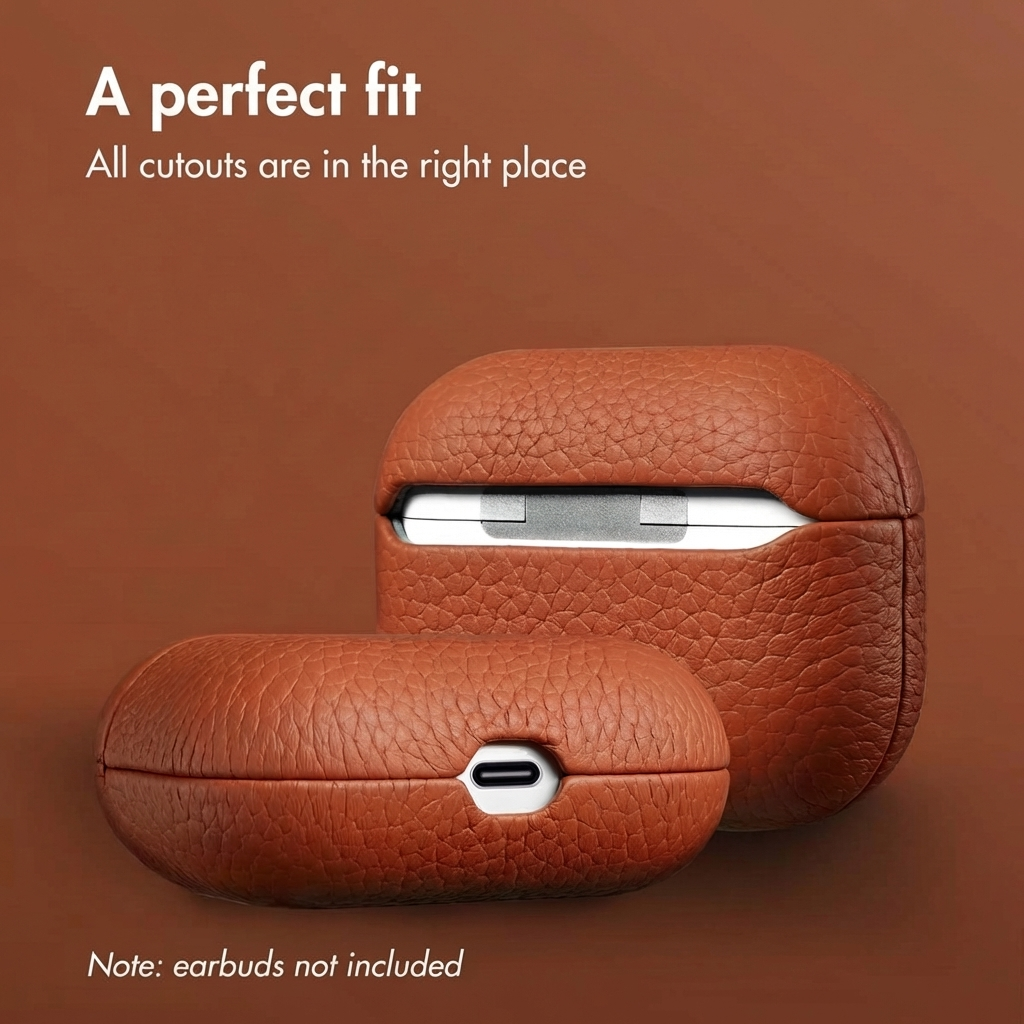 Fundas de cuero marrón para AirPods sobre fondo marrón.