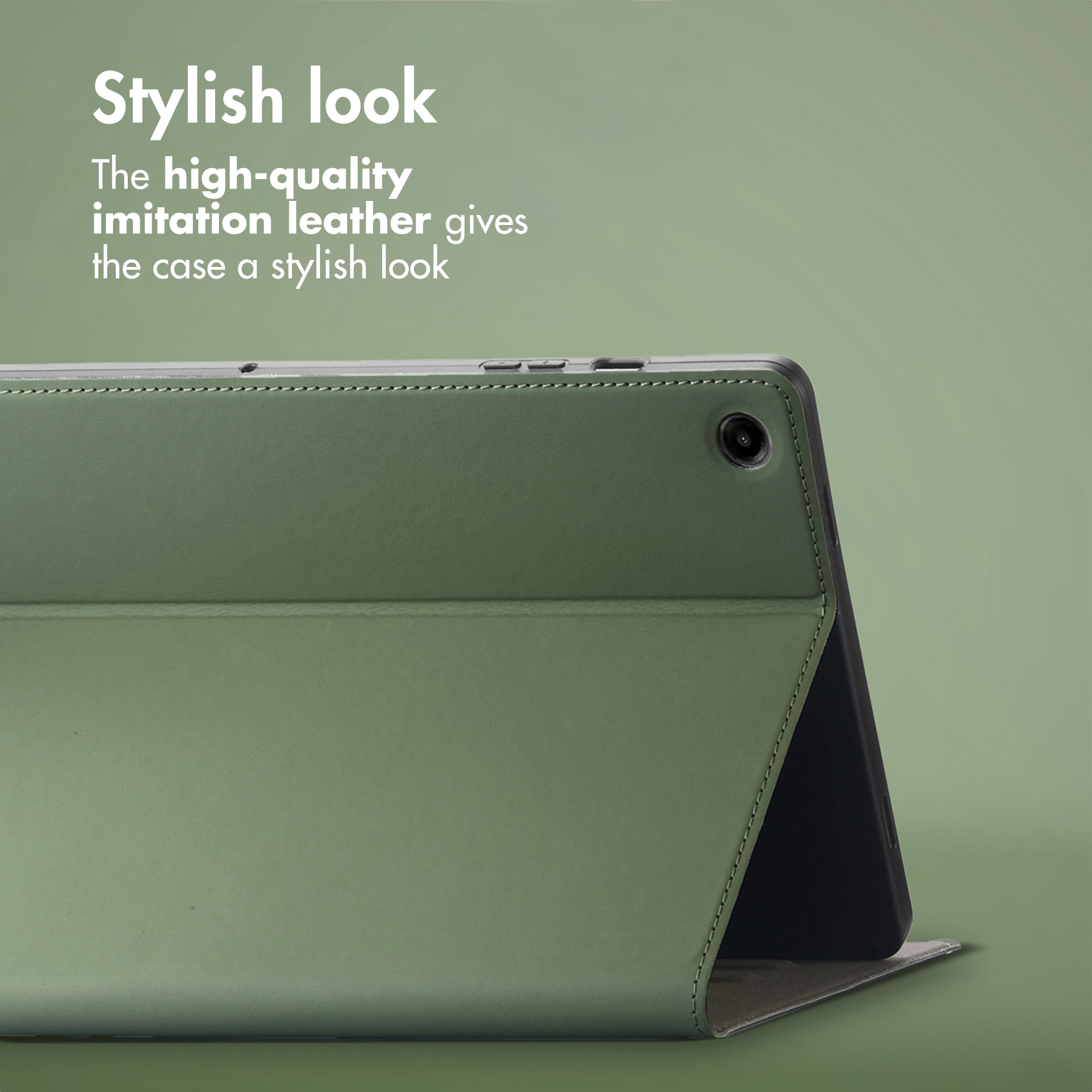 Green faux leather tablet case with camera cutout against a green background and text.