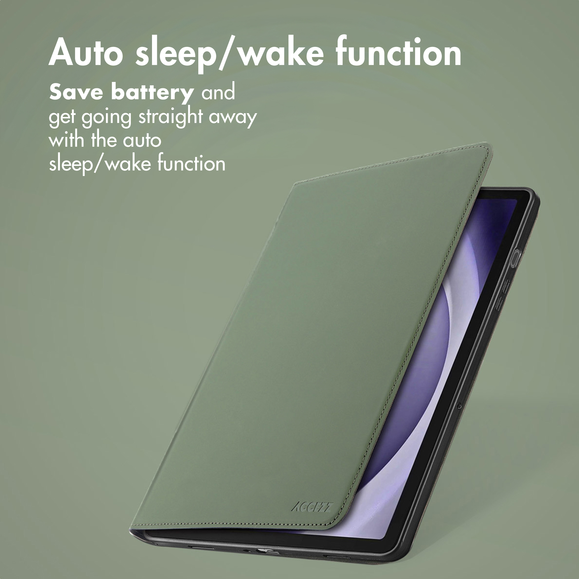 A green tablet case stands on a green background with text about the auto sleep and wake function.