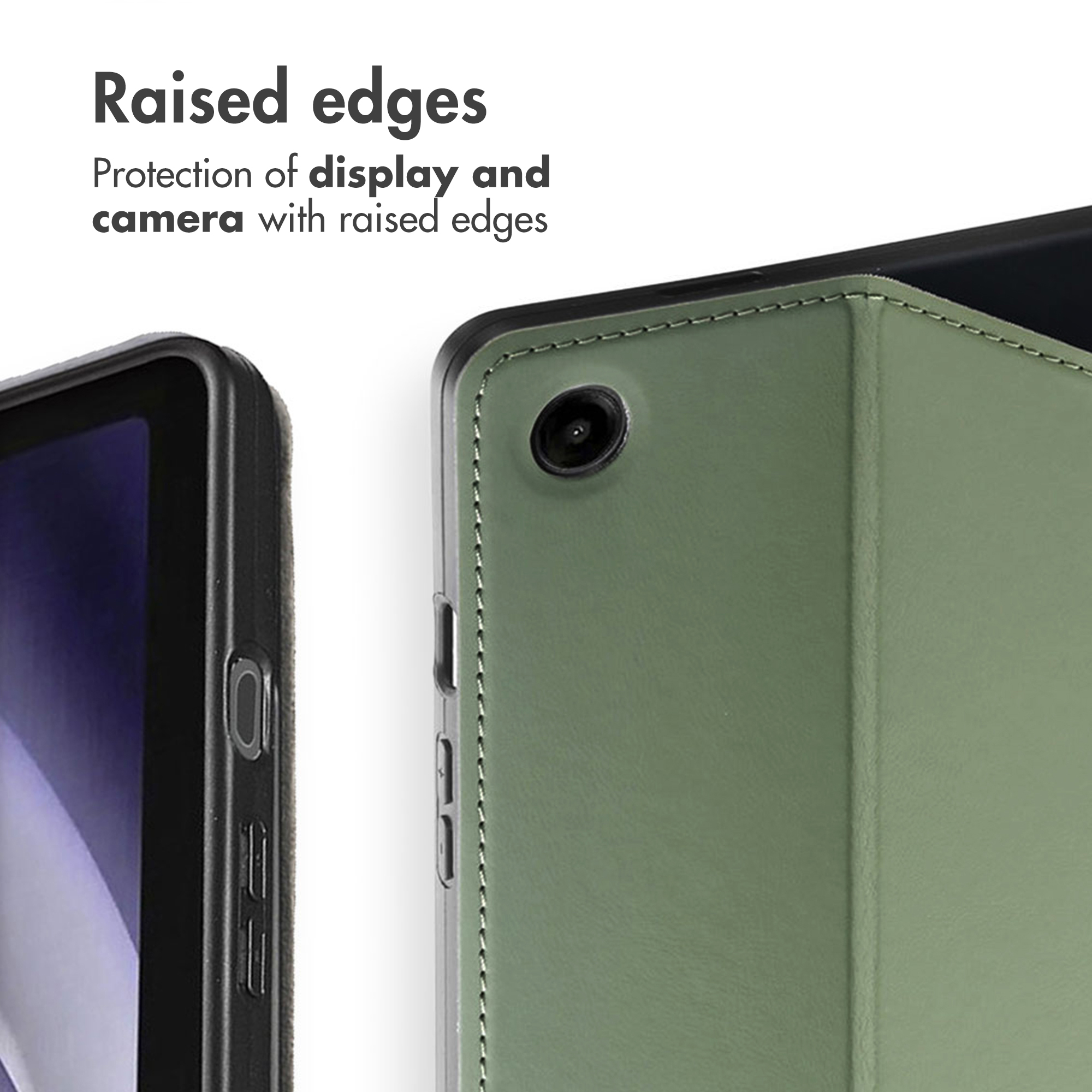 Close-up of a tablet in a green case, showing raised edges for screen and camera protection.